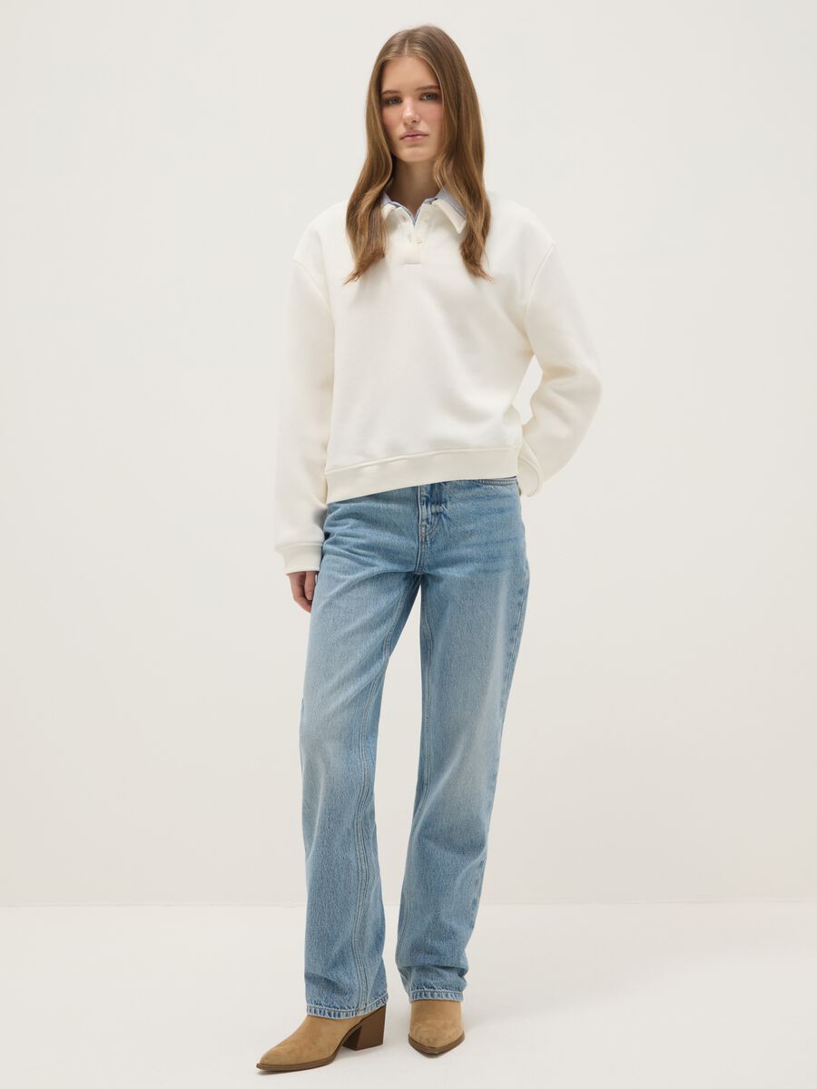White cotton blend regular fit sweater with contrast collar_1