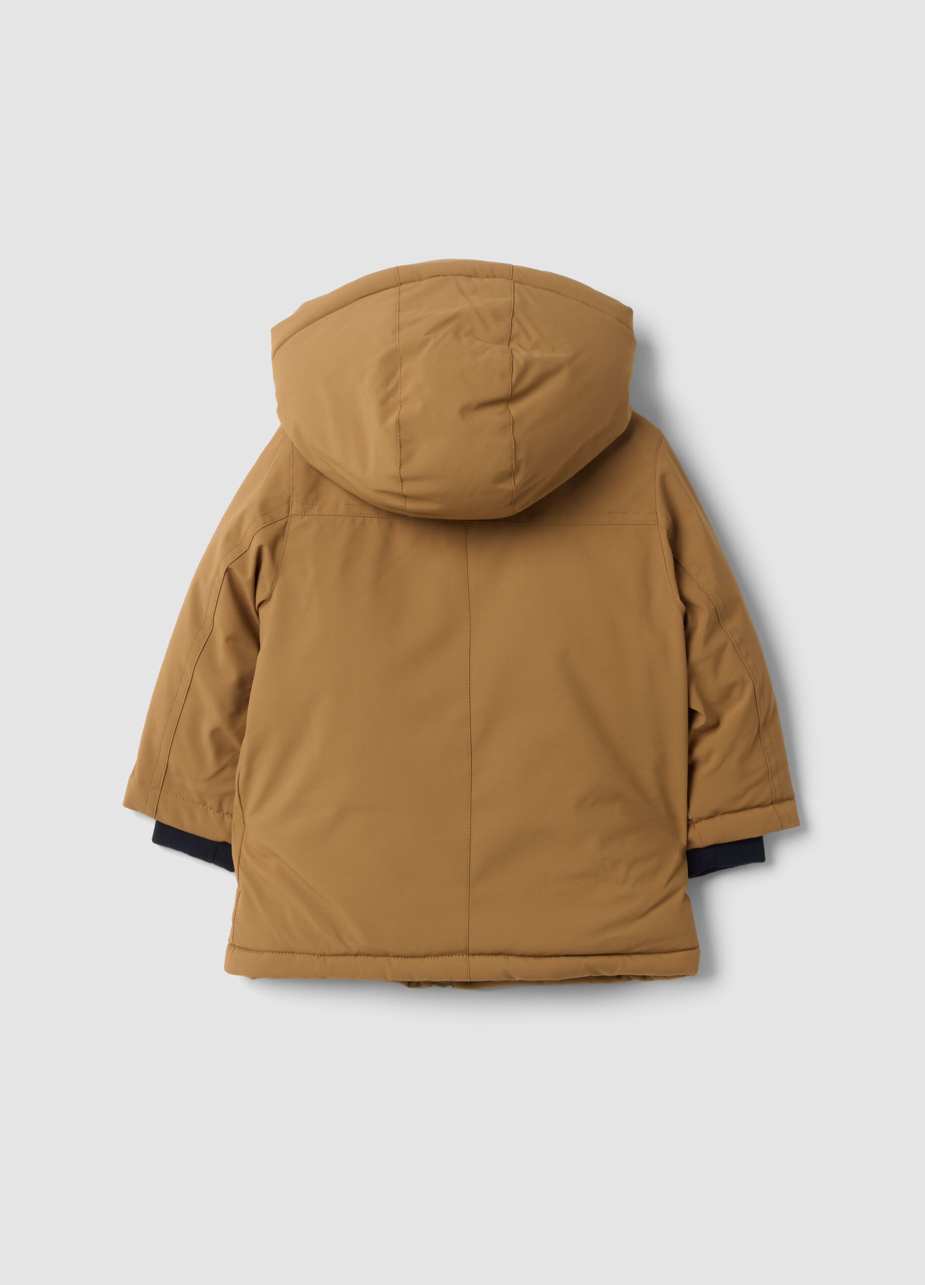 Long padded brown parka with hood, regular fit
