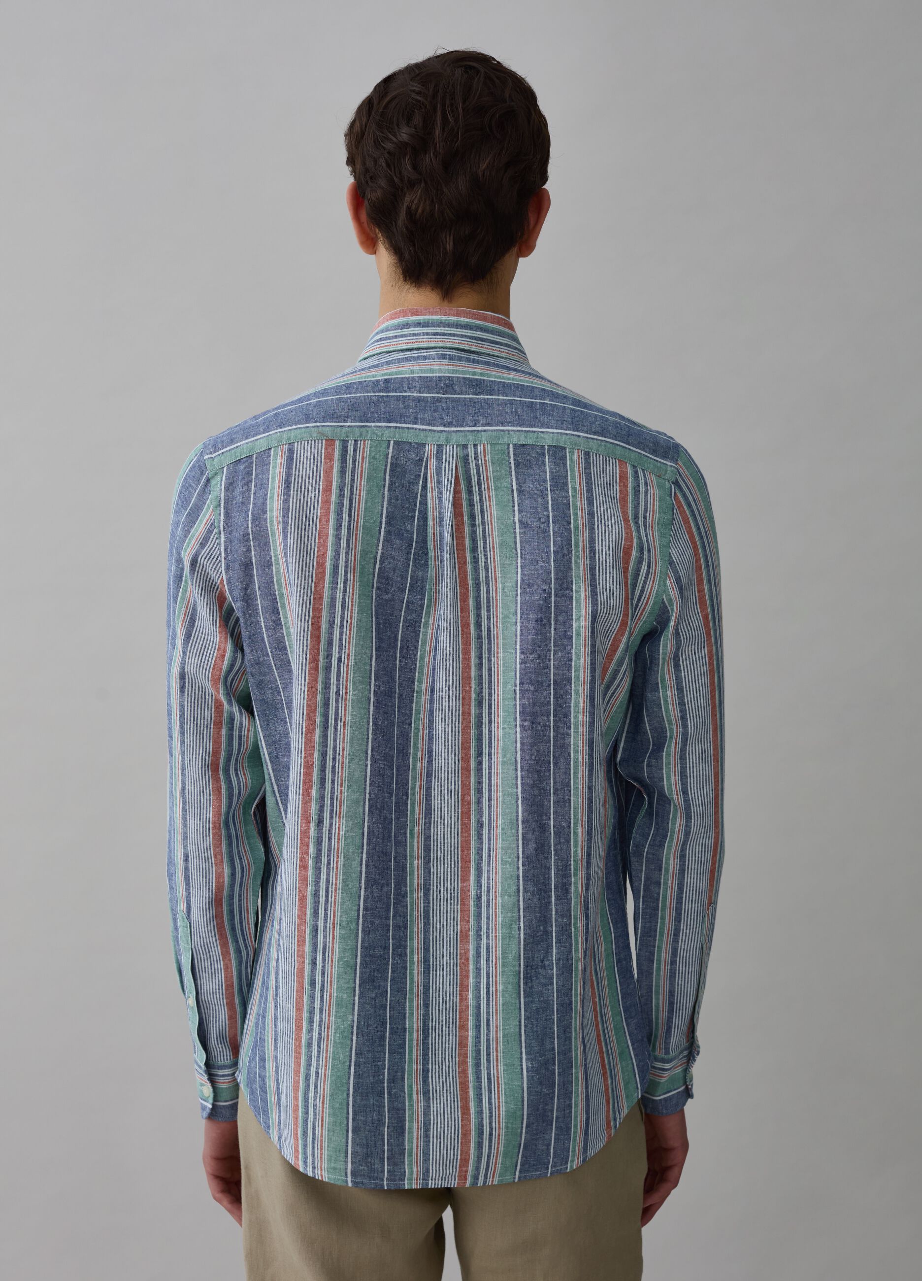 Linen and cotton shirt with multicoloured stripes