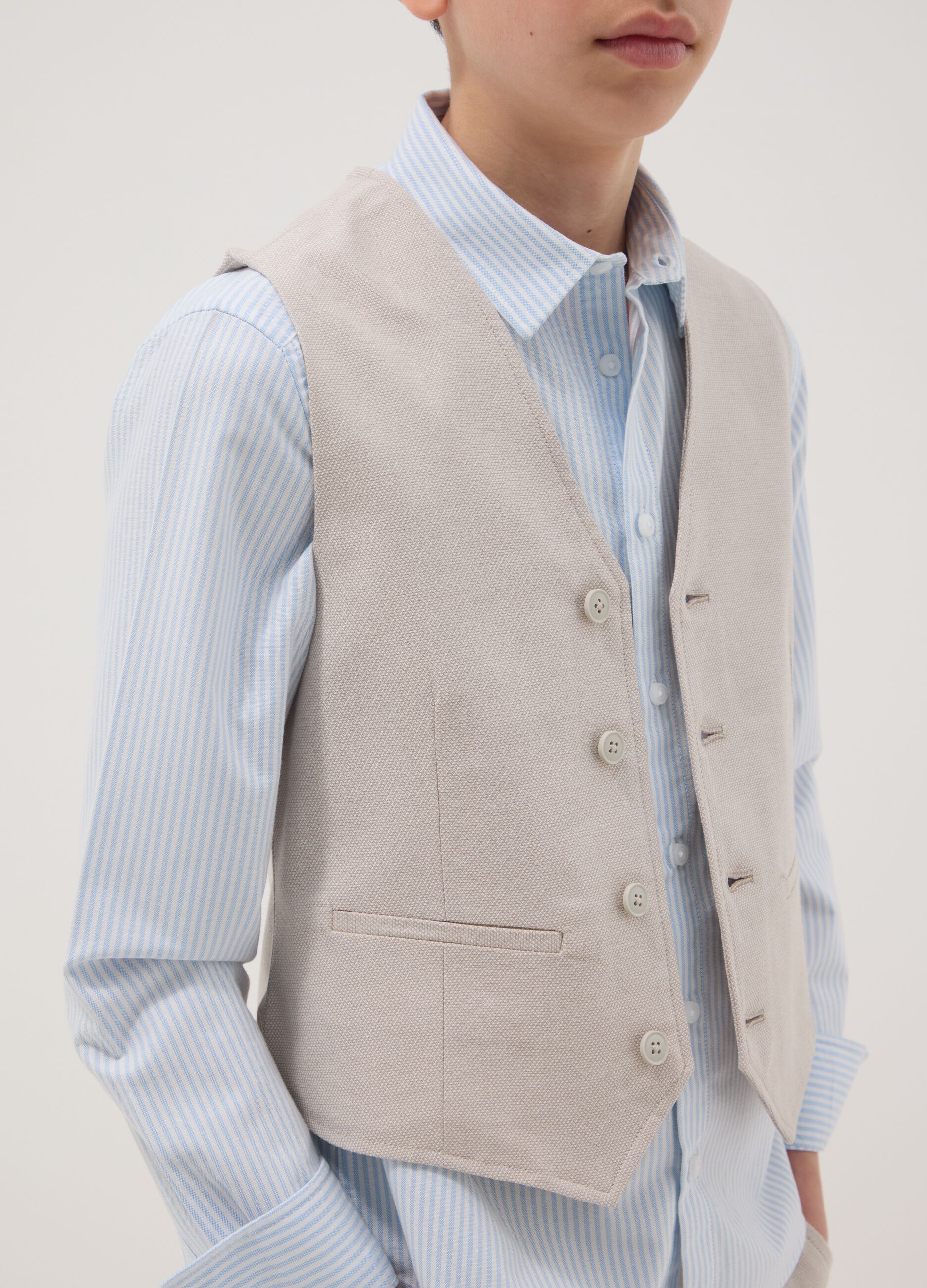 Boys' beige stretch cotton waistcoat slim fit