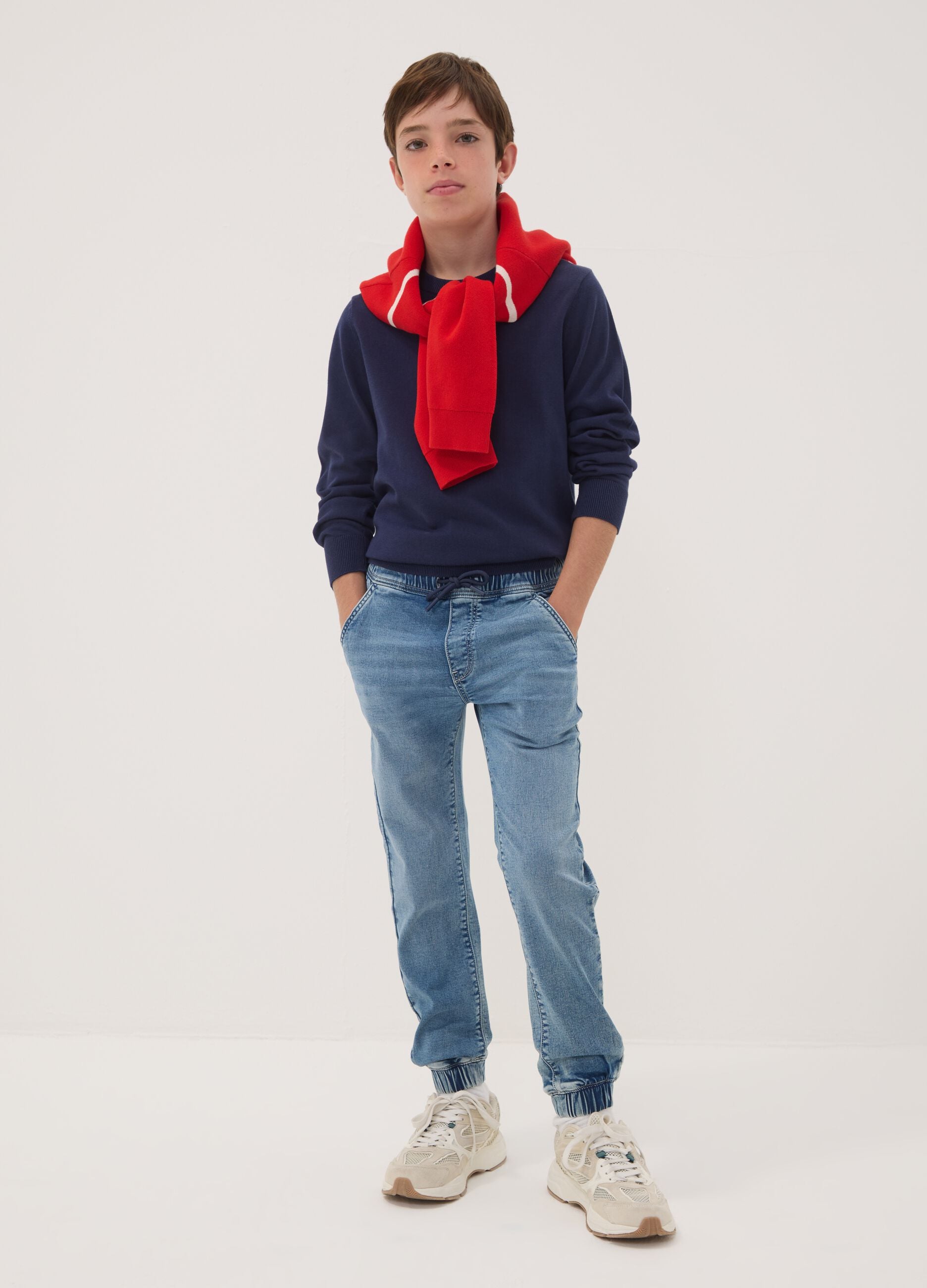 Blue stretch-cotton jogger jeans with drawstring for boys