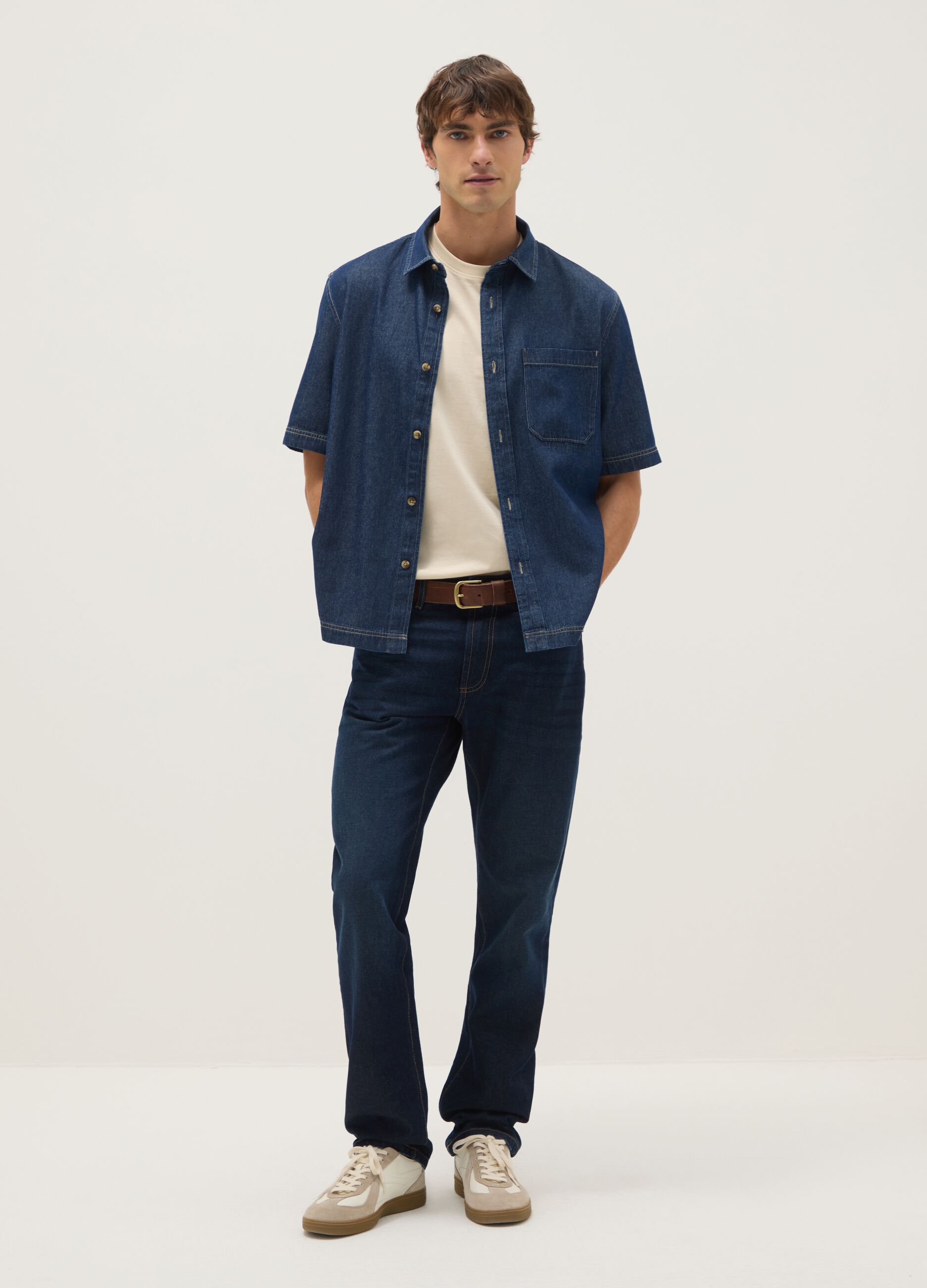 Blue denim pure cotton regular fit shirt with chest pocket