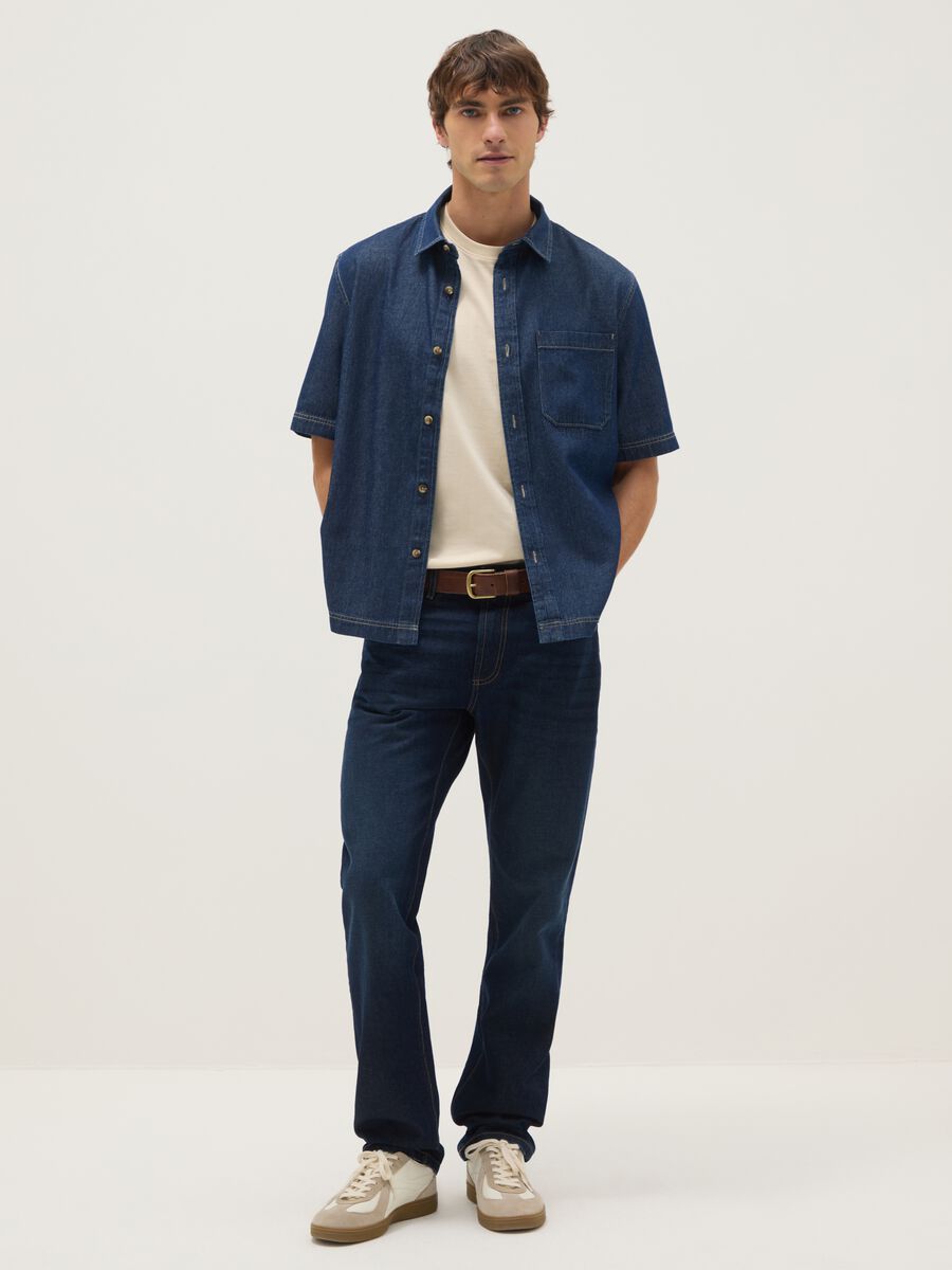 Blue denim pure cotton regular fit shirt with chest pocket_1