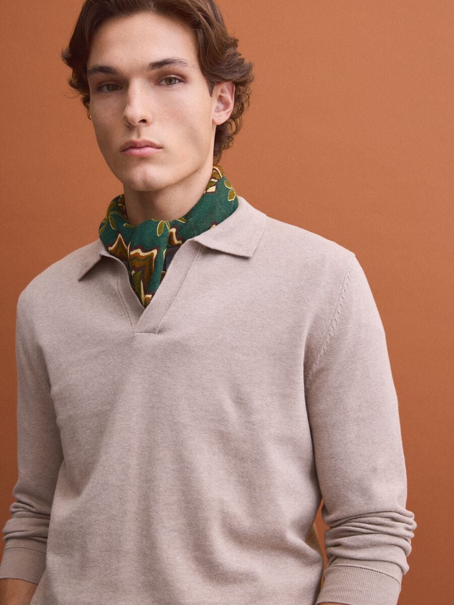 Beige long-sleeve pure cotton polo shirt_0