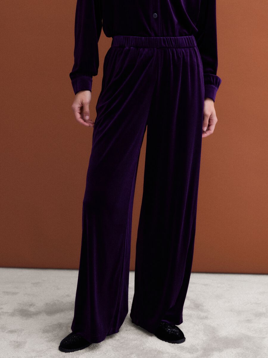 Purple wide-leg trousers in stretch velvet-effect fabric_1