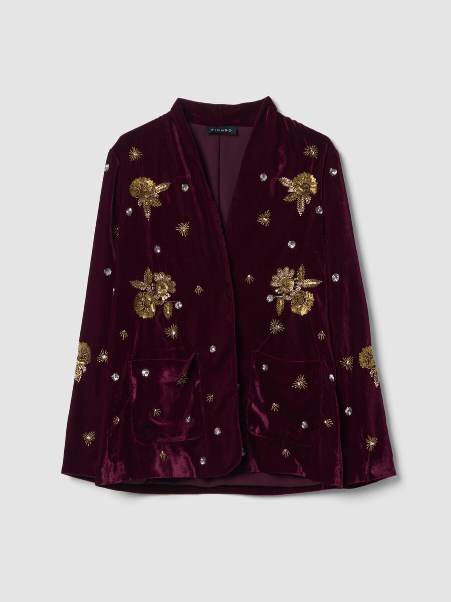 Red velvet regular-fit blazer with floral embroidery_0
