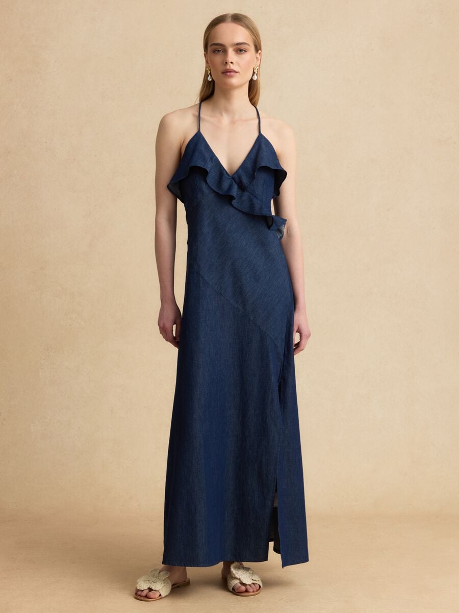Vestido largo azul de algod&oacute;n puro con volantes_0
