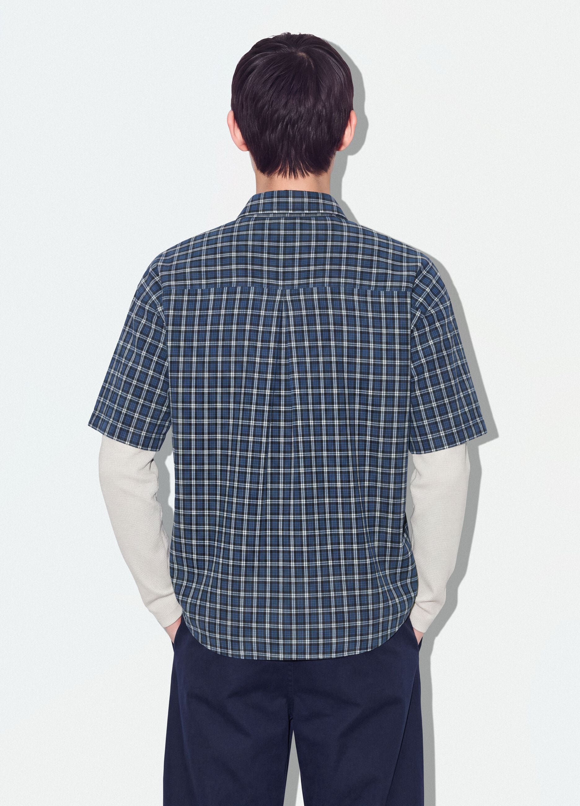 Blue cropped pure cotton checked shirt with layered double sleeves, oversized fit