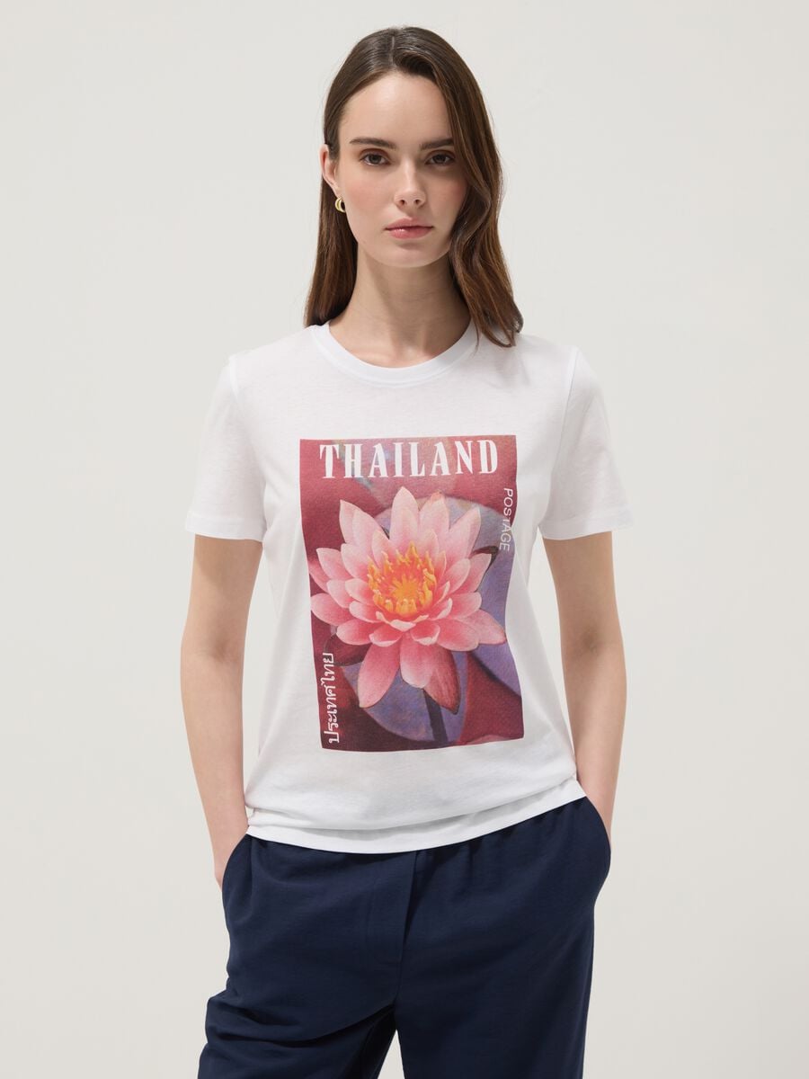 White pure cotton T-shirt with floral print_0
