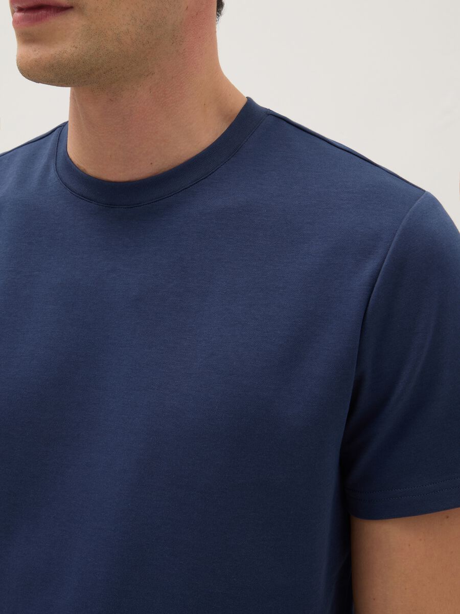 Blue Cotton Blend Crew Neck T-shirt Regular Fit_3