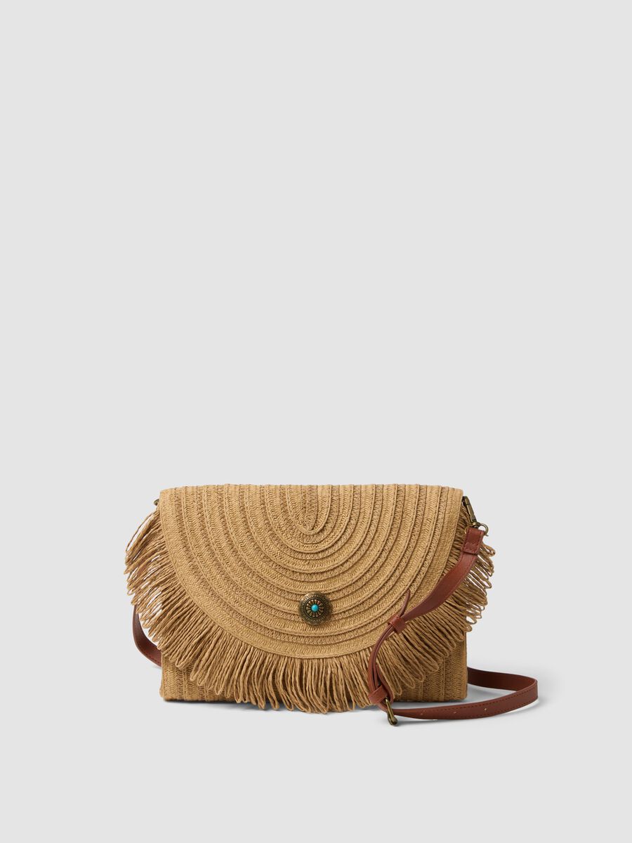 Beige Crossbody-Bag aus Papiermix-Gewebe mit Fransen_0