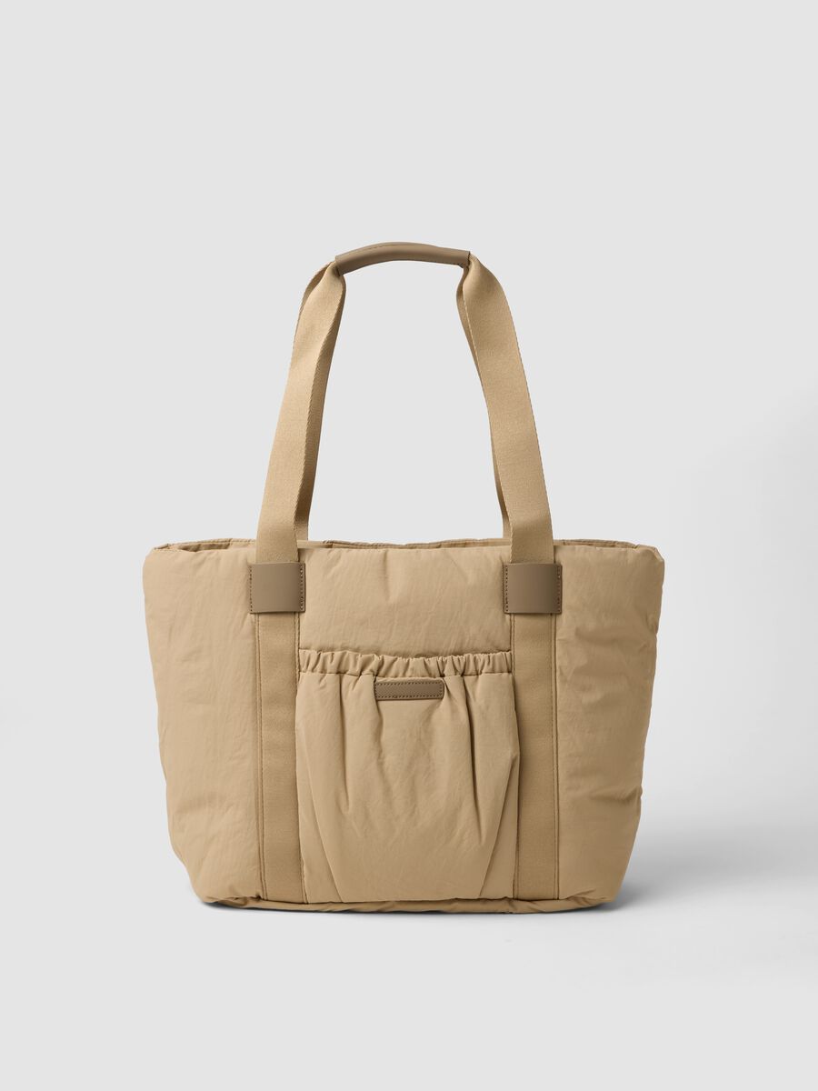 Borsa shopper beige con tasca esterna arricciata_0
