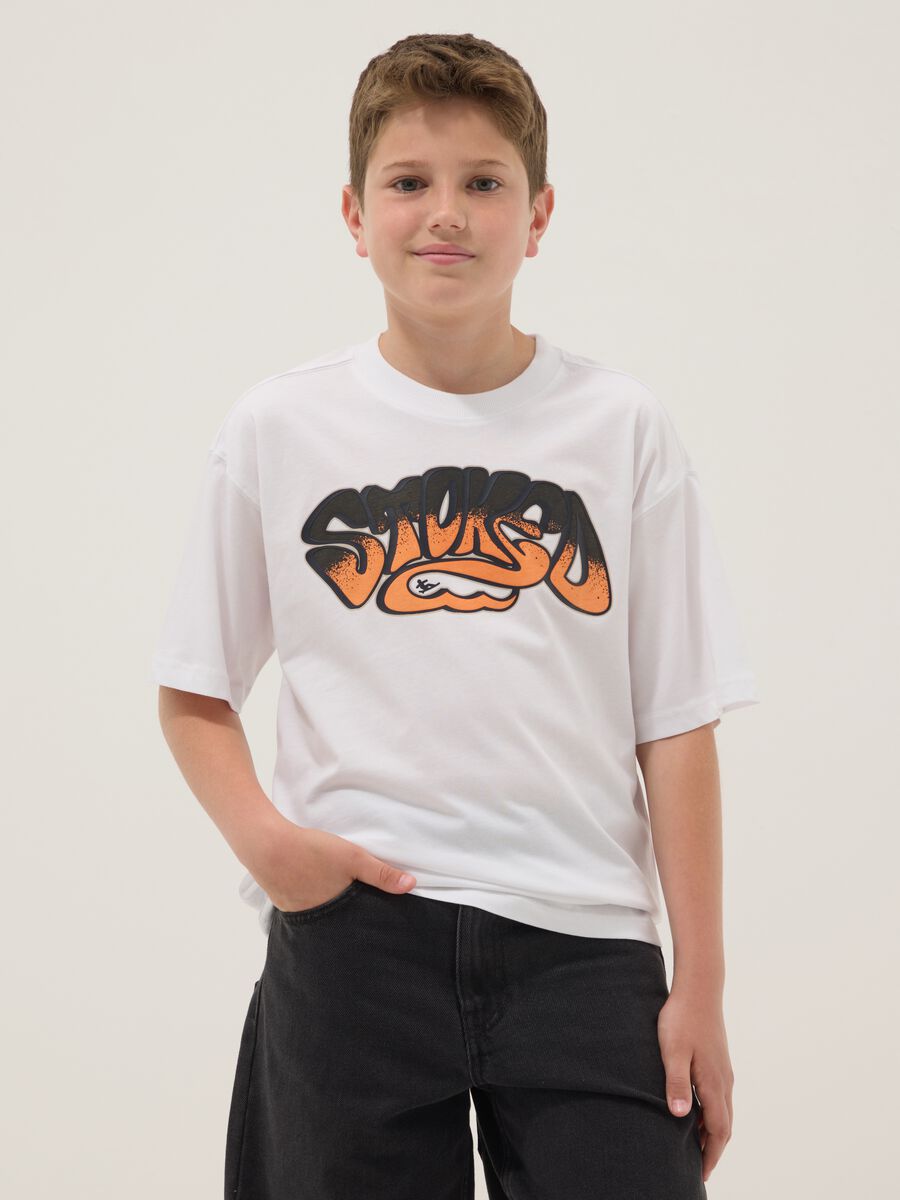 White pure cotton T-shirt with front print_0
