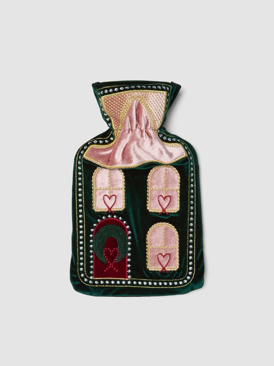 Green and pink hot water bottle with decorative embroidery_0