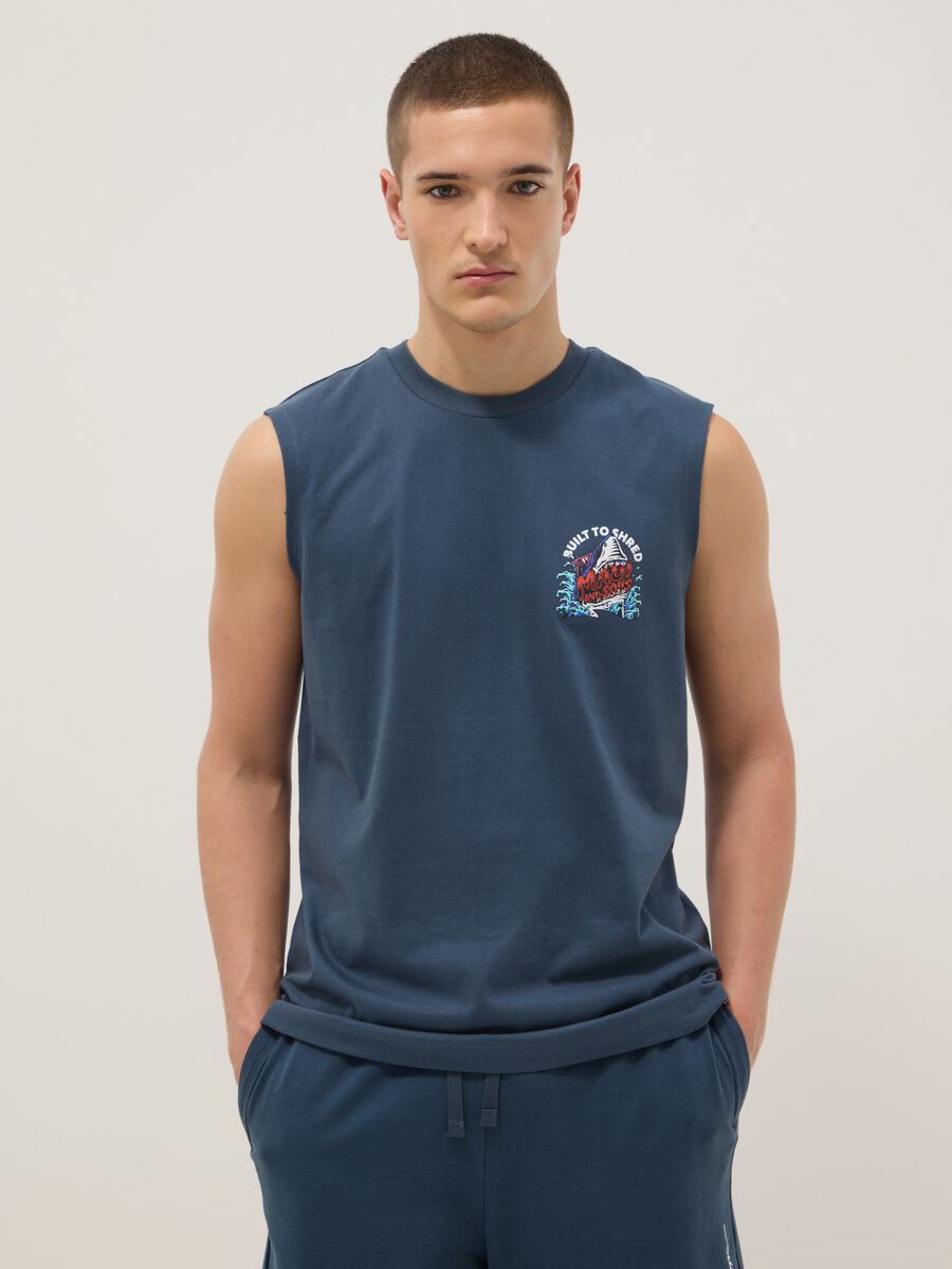 Blue pure cotton regular-fit vest top with print_0