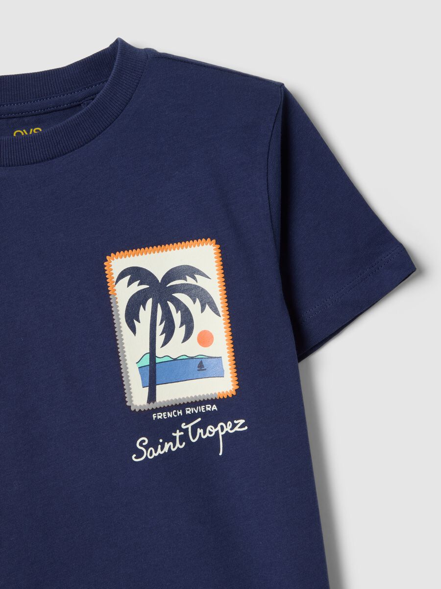 Boys' regular fit blue pure cotton T-shirt with palm print_2