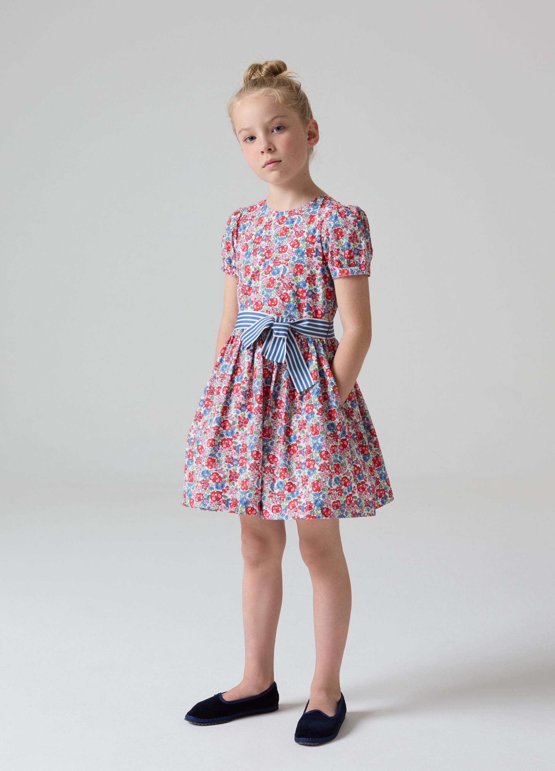 Floral cotton dress with striped ribbon