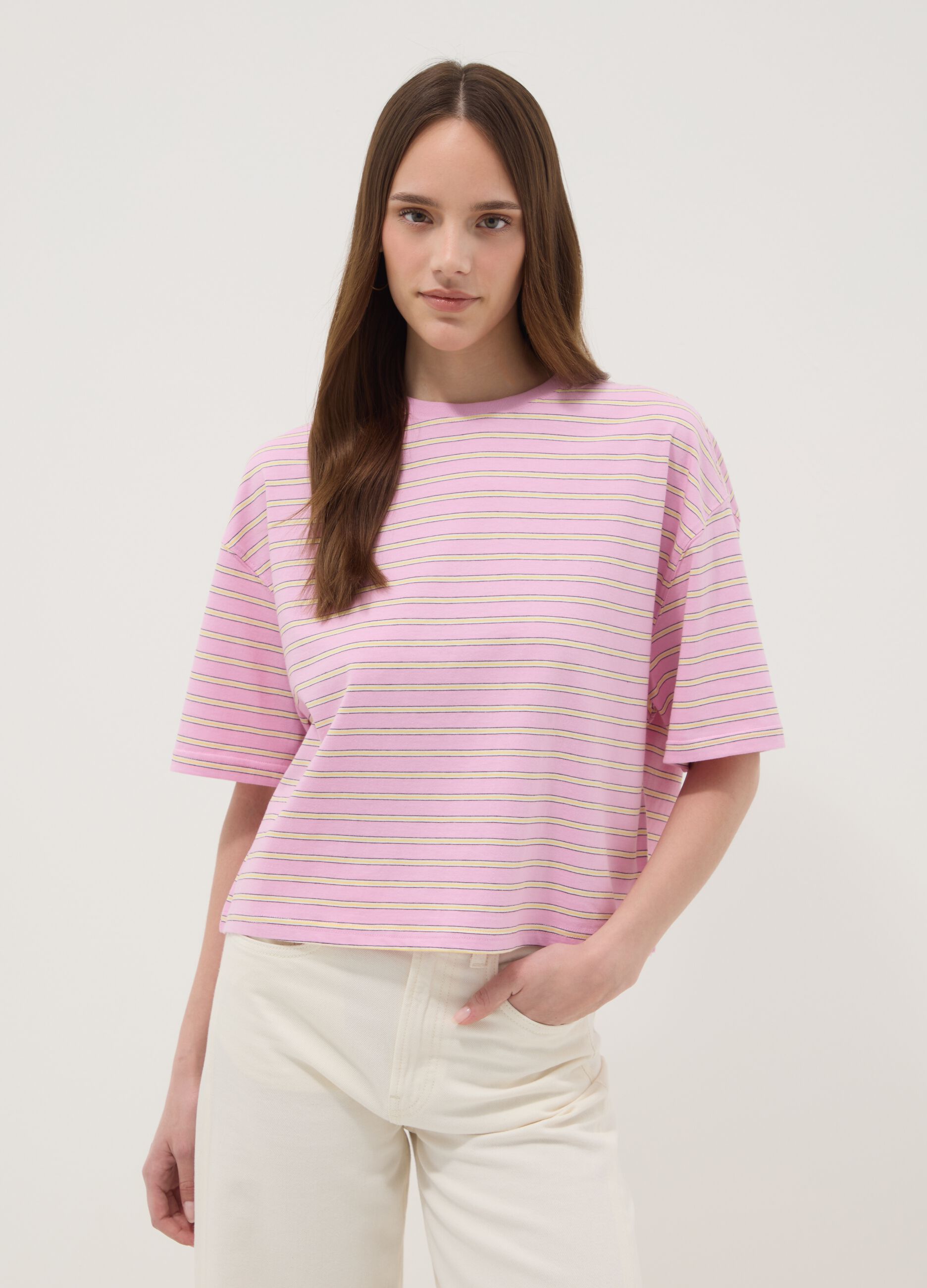 Pink striped pure cotton T-shirt