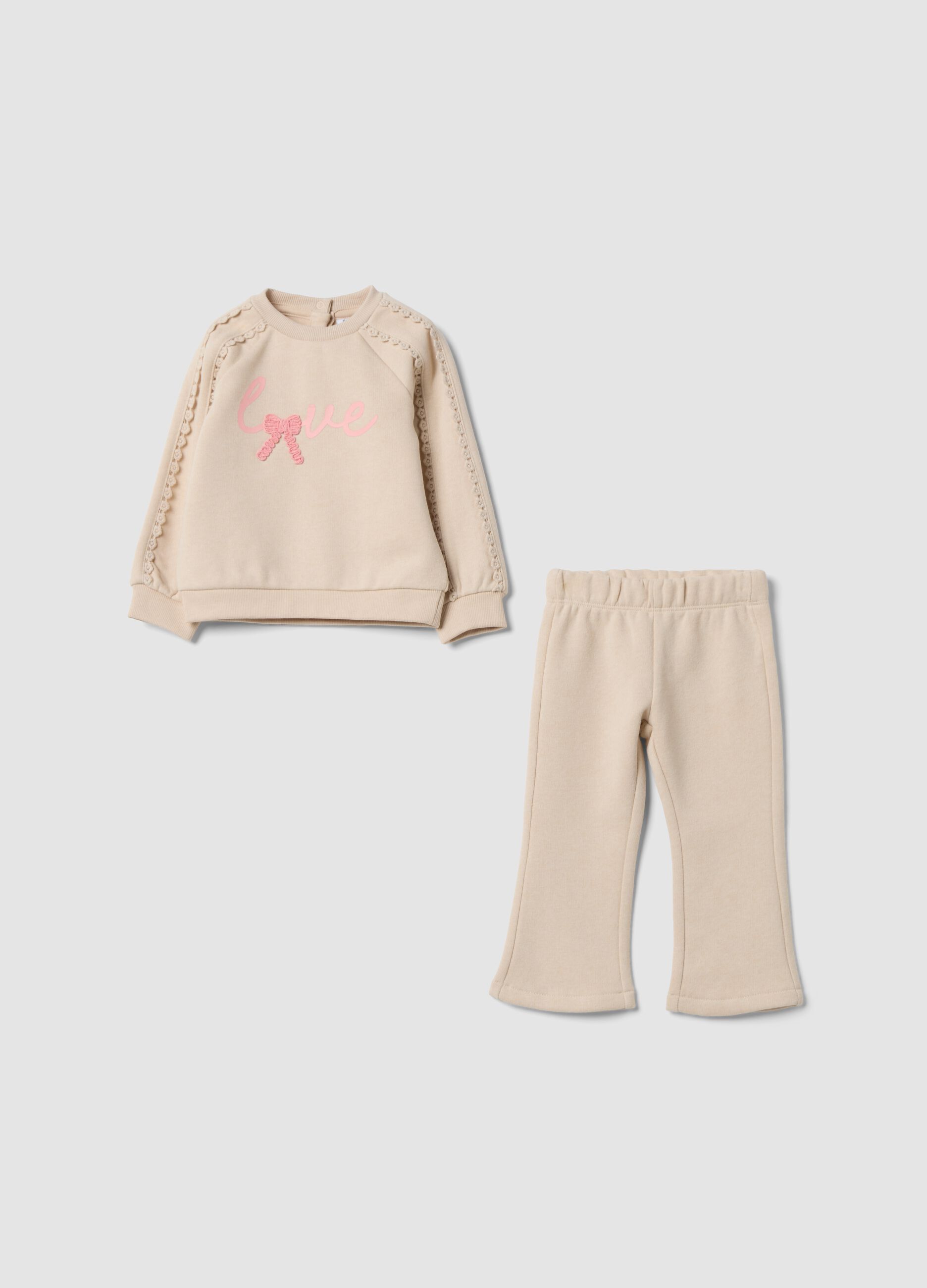 Beige cotton-blend tracksuit set, regular fit, with print
