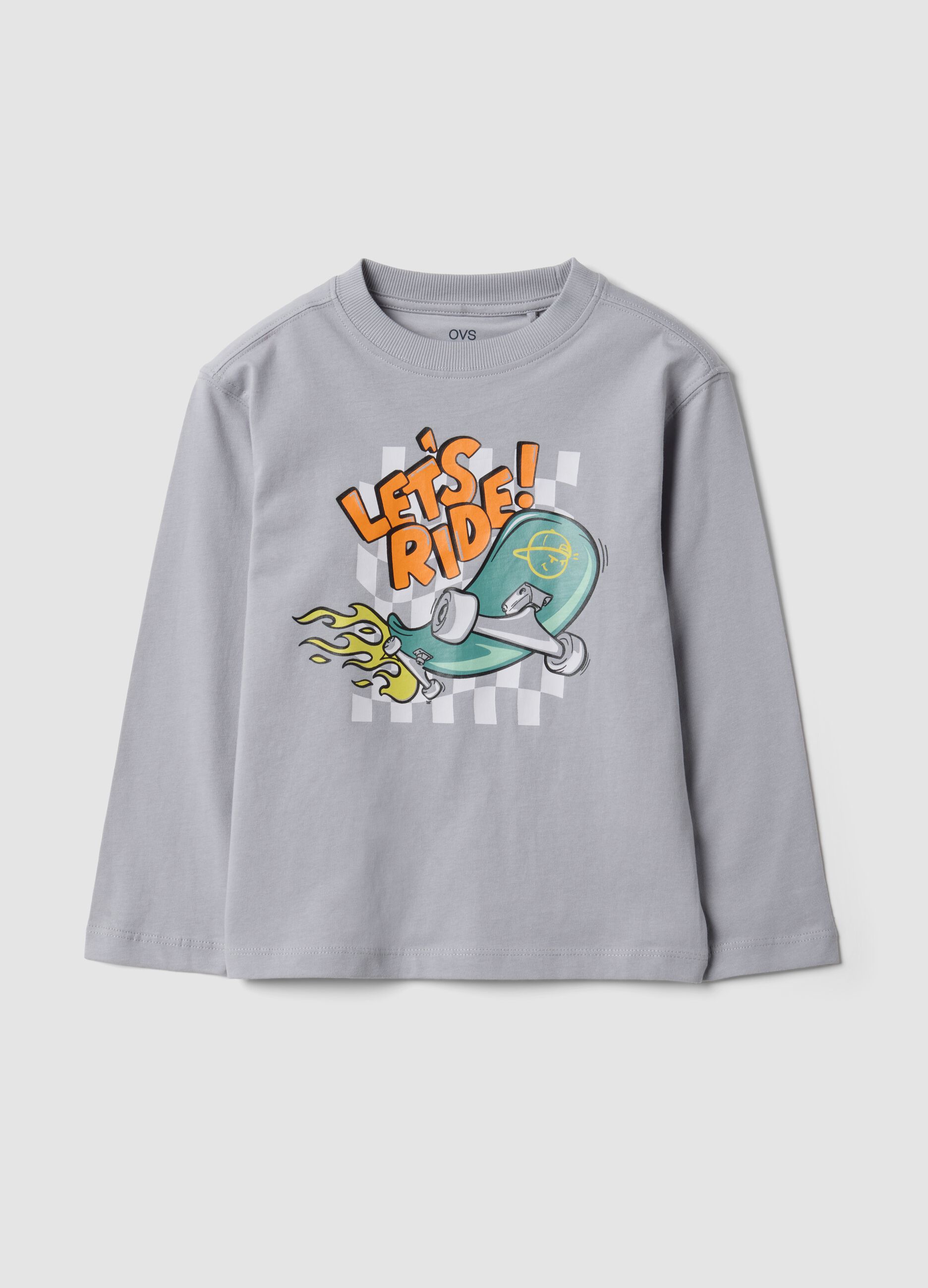 T-shirt grigia in puro cotone a girocollo con stampa skater per bambino