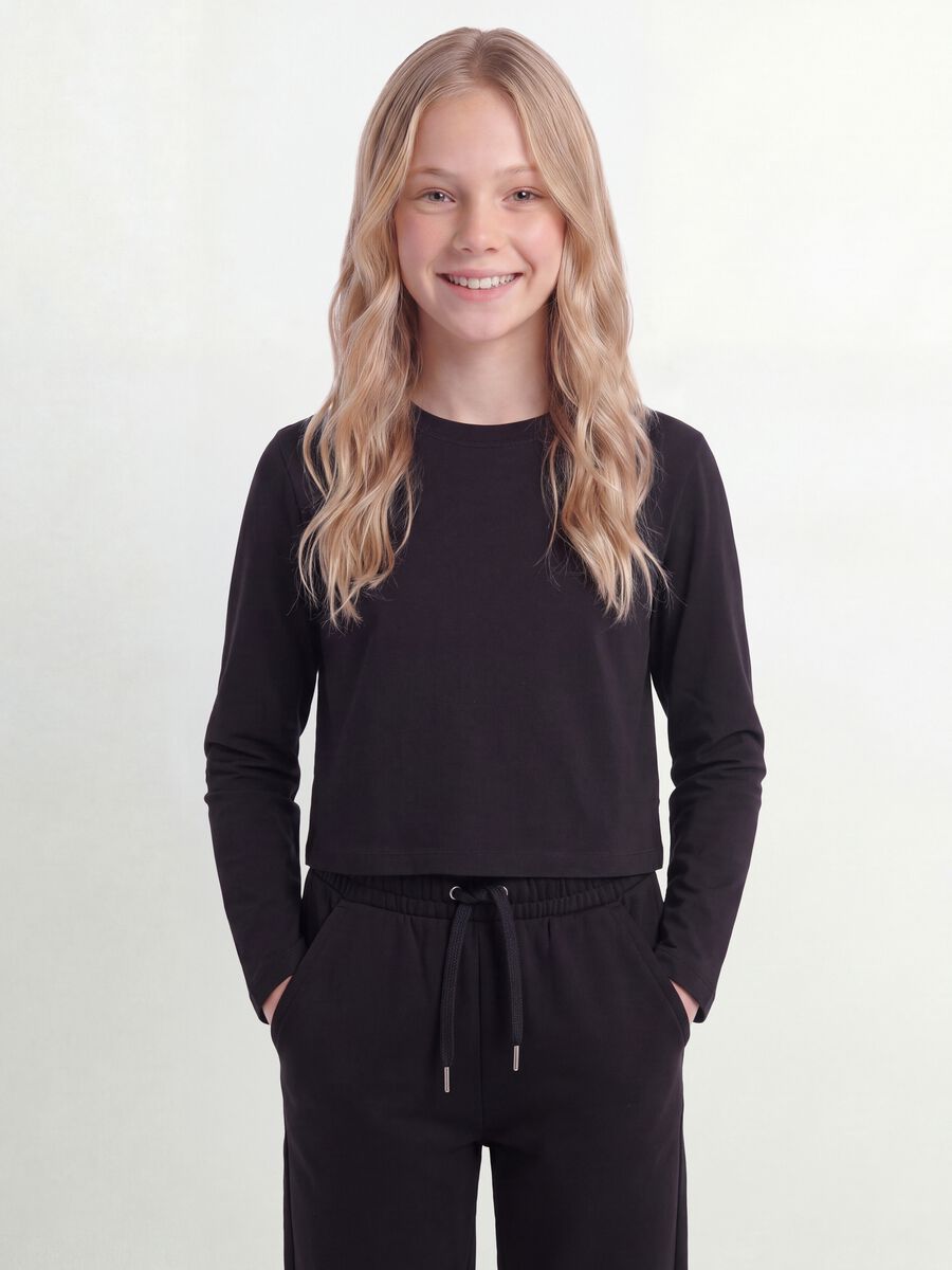 Black pure cotton T-shirt with ribbed neckline for girls_0