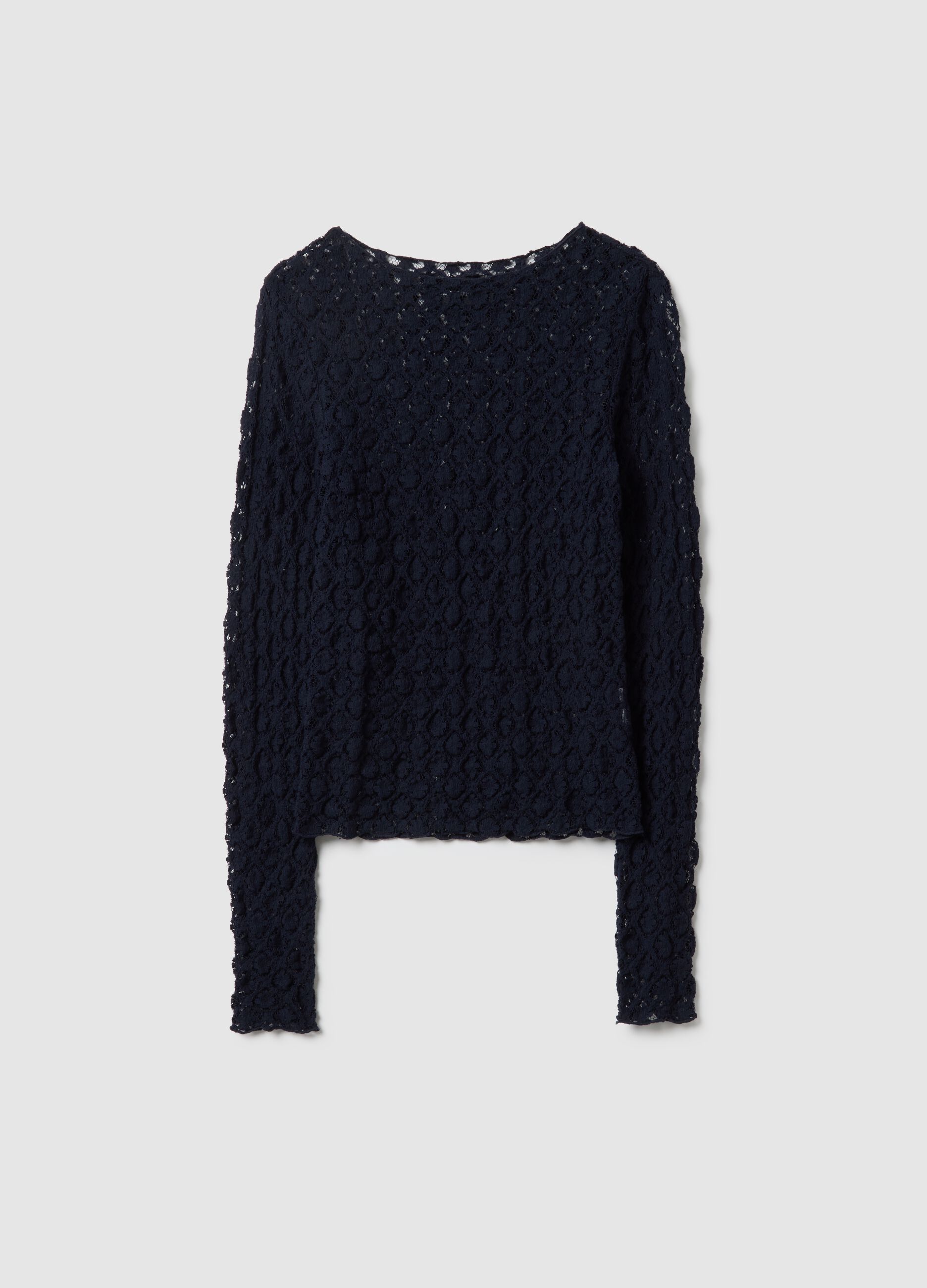 Blaues Regular-Fit-Top aus elastischem Baumwollmix mit Spitze