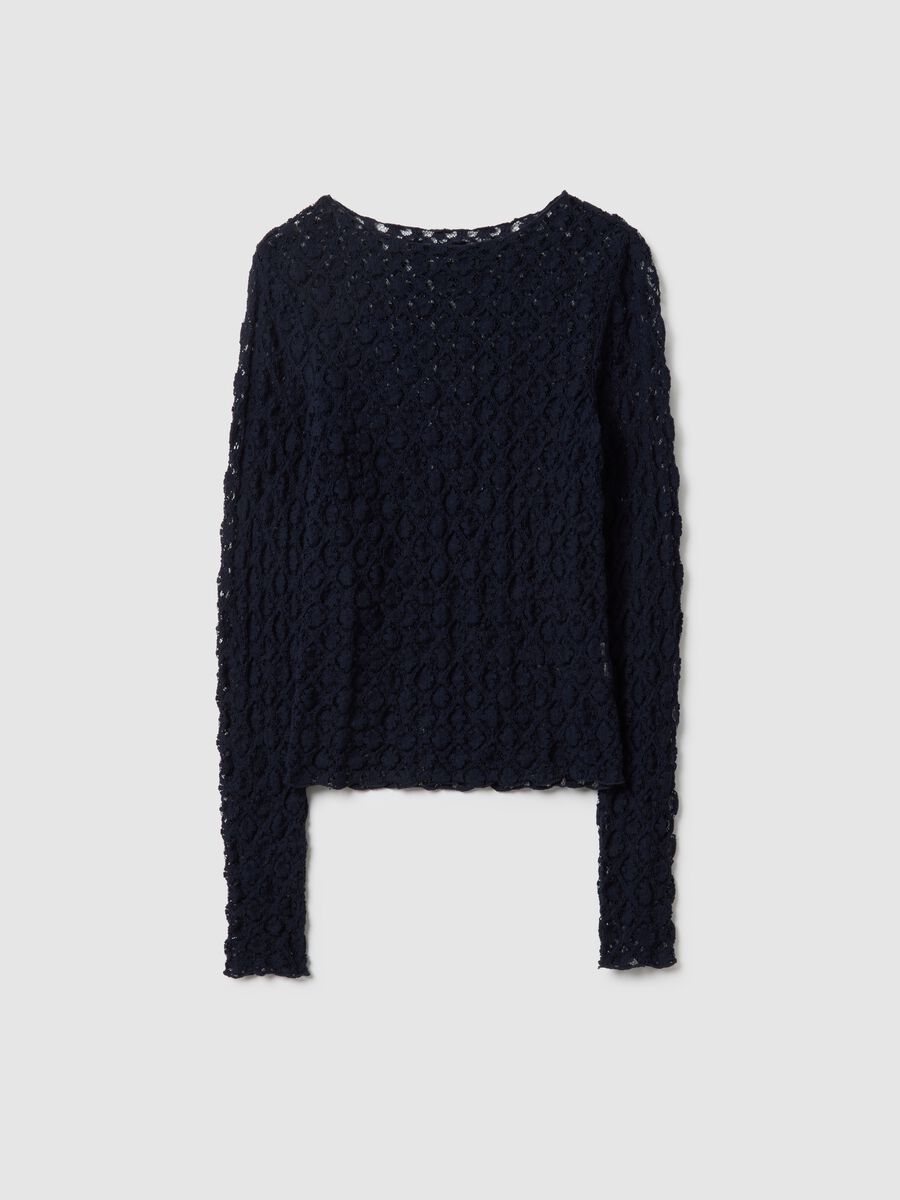 Top azul regular fit em mistura de algod&atilde;o el&aacute;stico com renda_0