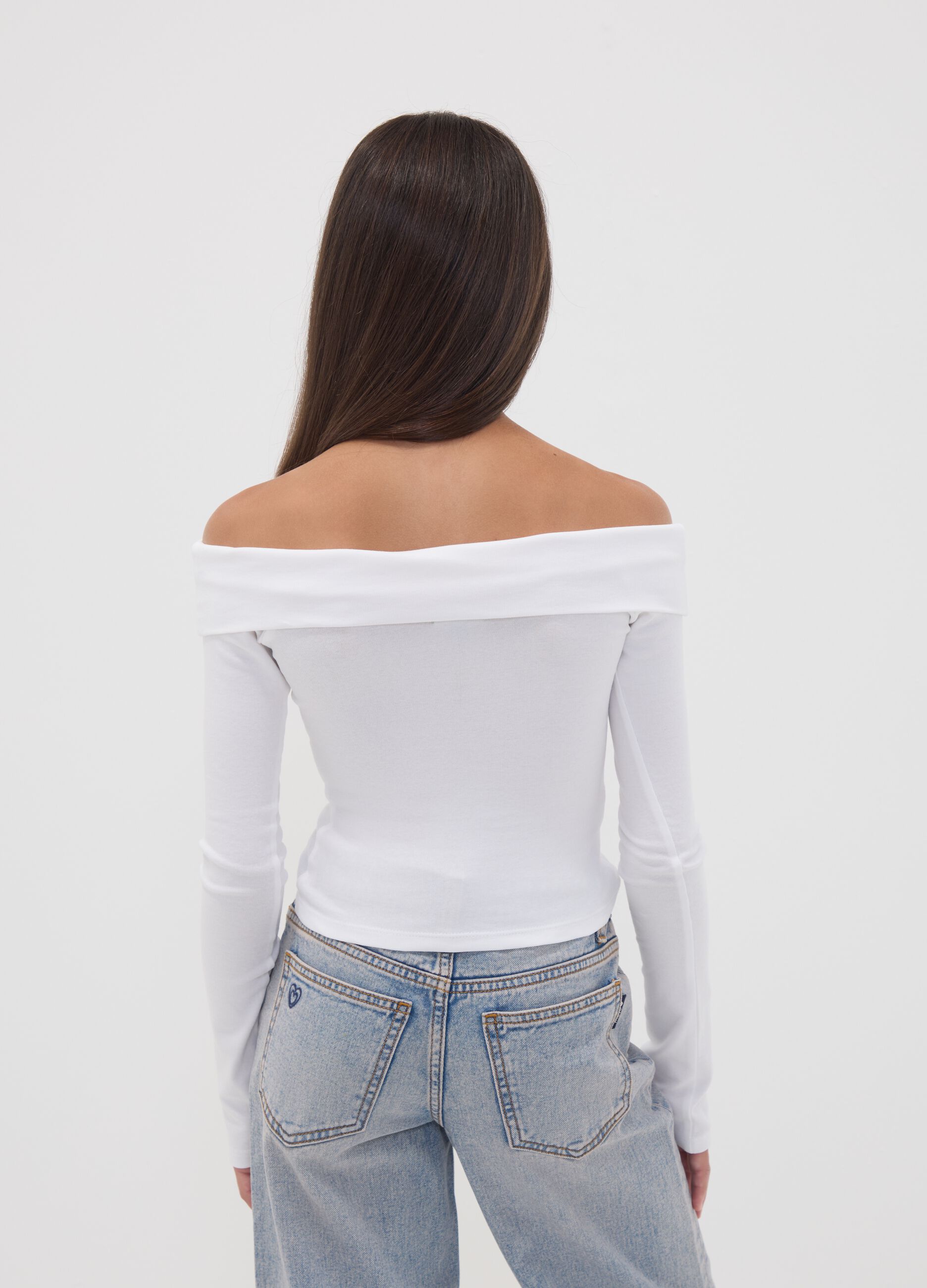 Wei&szlig;es Slim-Fit-T-Shirt aus elastischer Baumwolle mit U-Boot-Ausschnitt