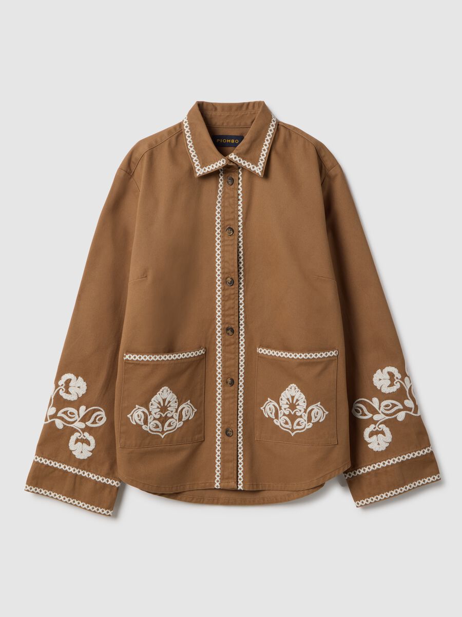 Brown pure cotton regular fit shirt with contrast embroidery_4