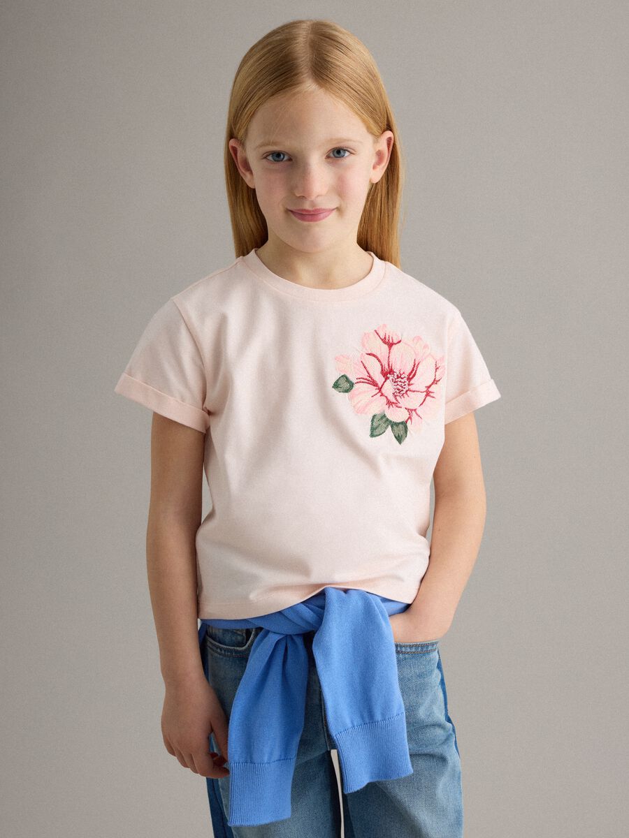 M&auml;dchen T-Shirt aus rosa Baumwollmischung, regul&auml;re Passform mit Blumenstickerei_0