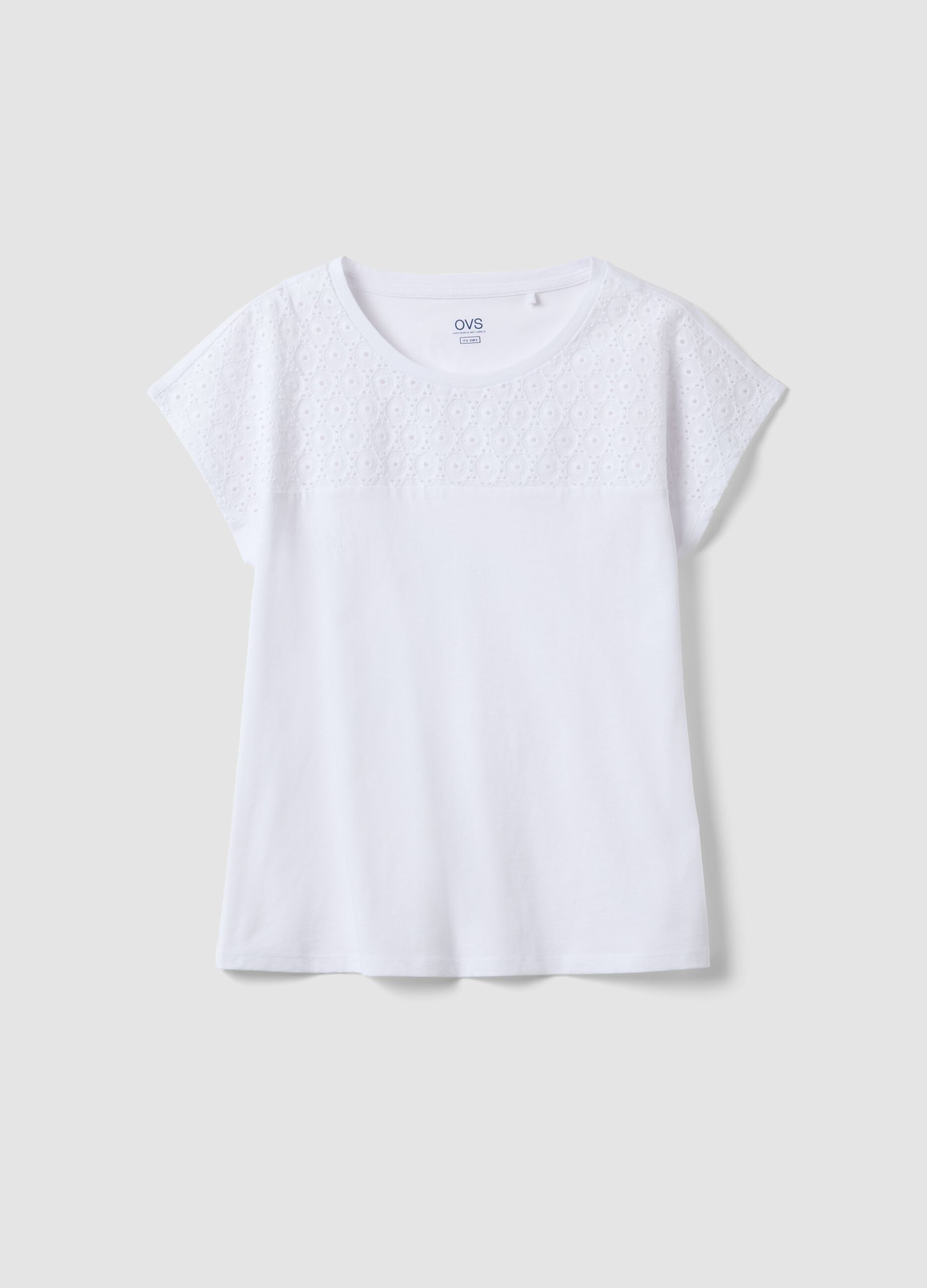 Wei&szlig;es T-Shirt aus reiner Baumwolle mit Lochstickerei, Regular Fit