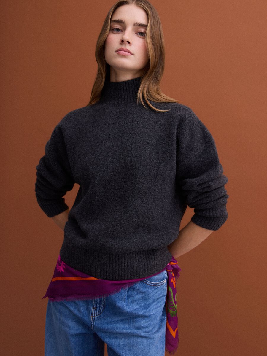 Anthracite grey stretch wool jumper with stand-up collar_0