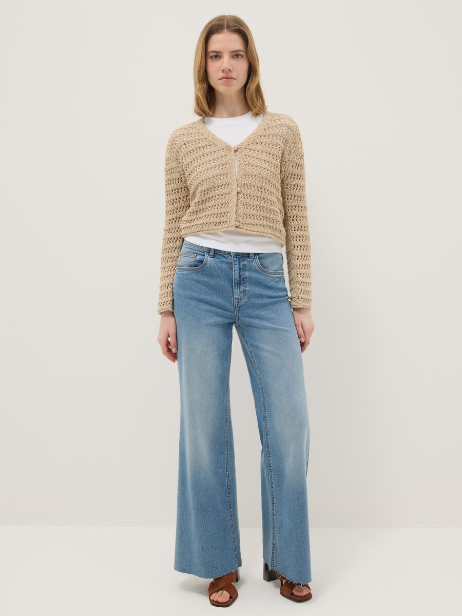 Beige pure cotton cardigan regular fit with openwork design_1