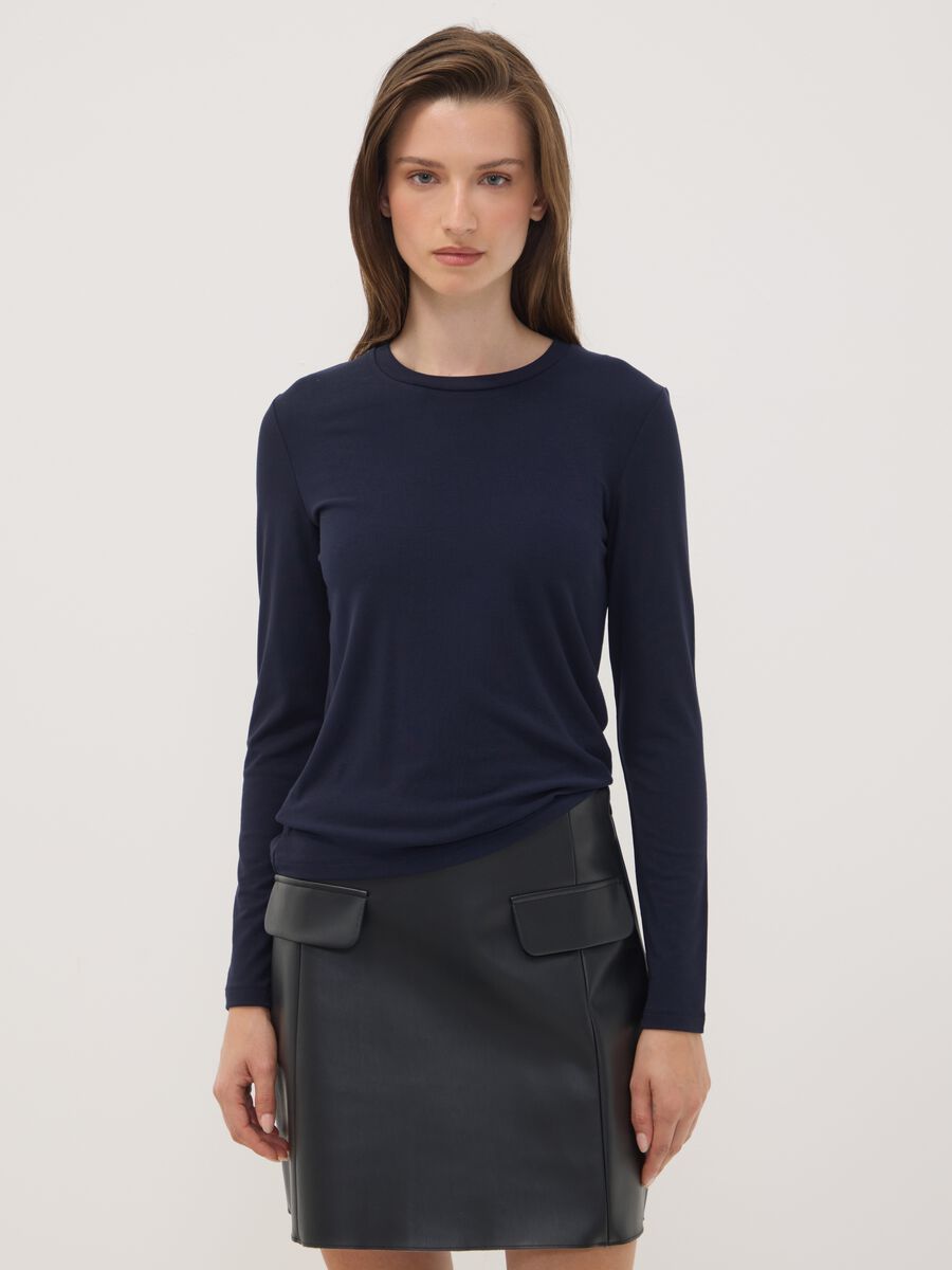 T-shirt blu girocollo in viscosa e lana elasticizzata regular fit_1