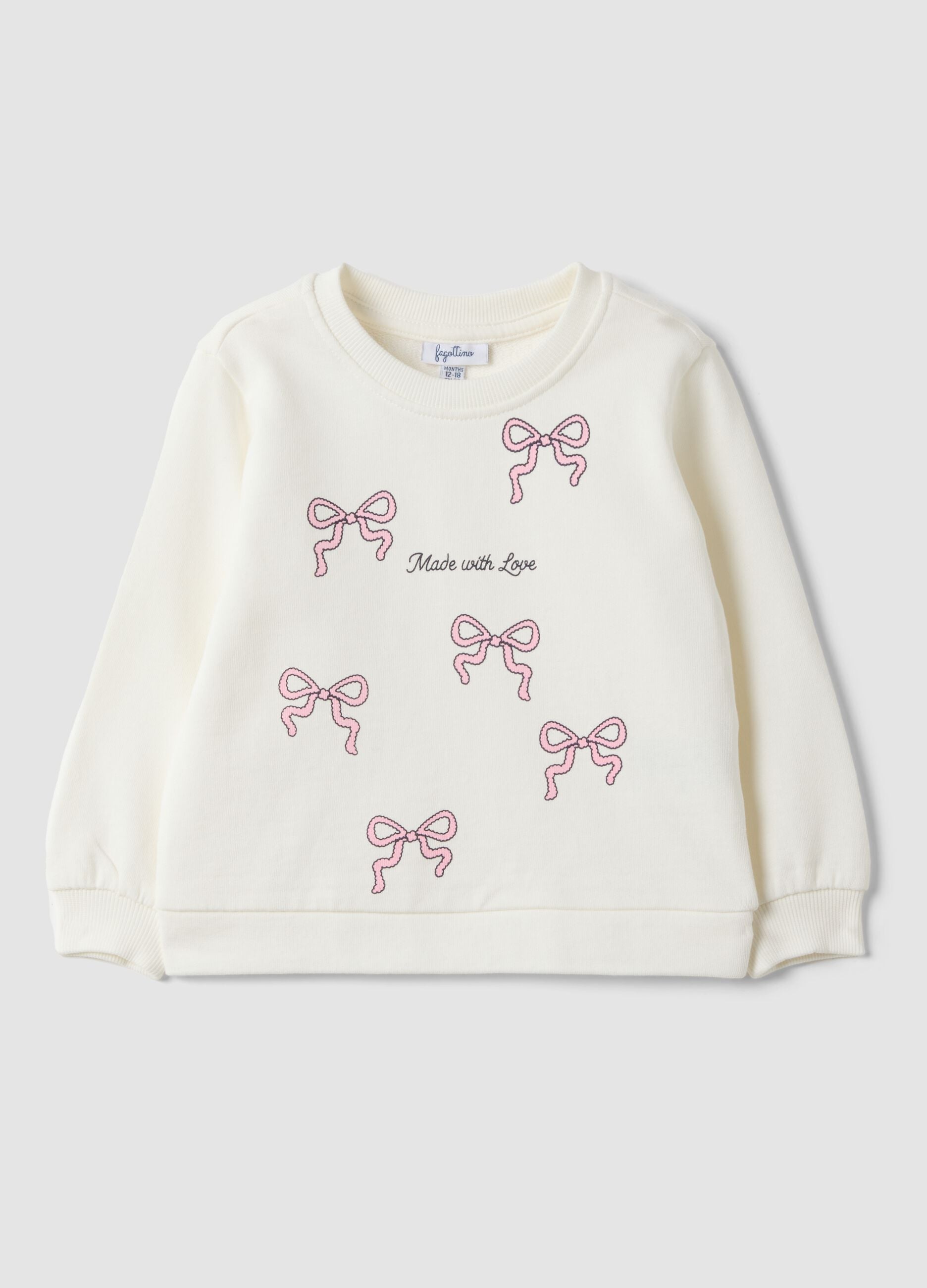 White pure cotton sweatshirt with bow print for baby girl