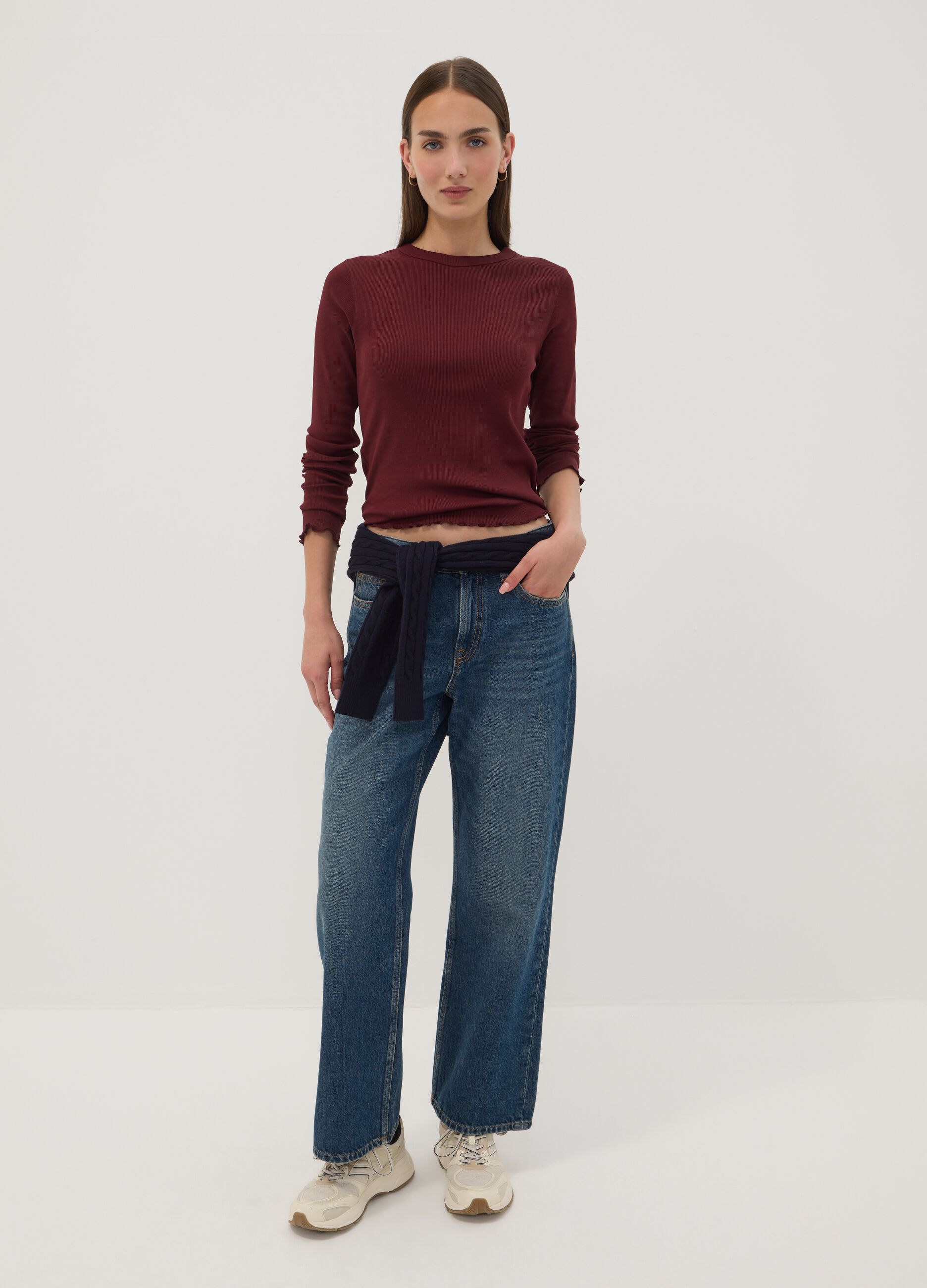 Burgundy pure cotton long-sleeve crew-neck T-shirt, regular fit