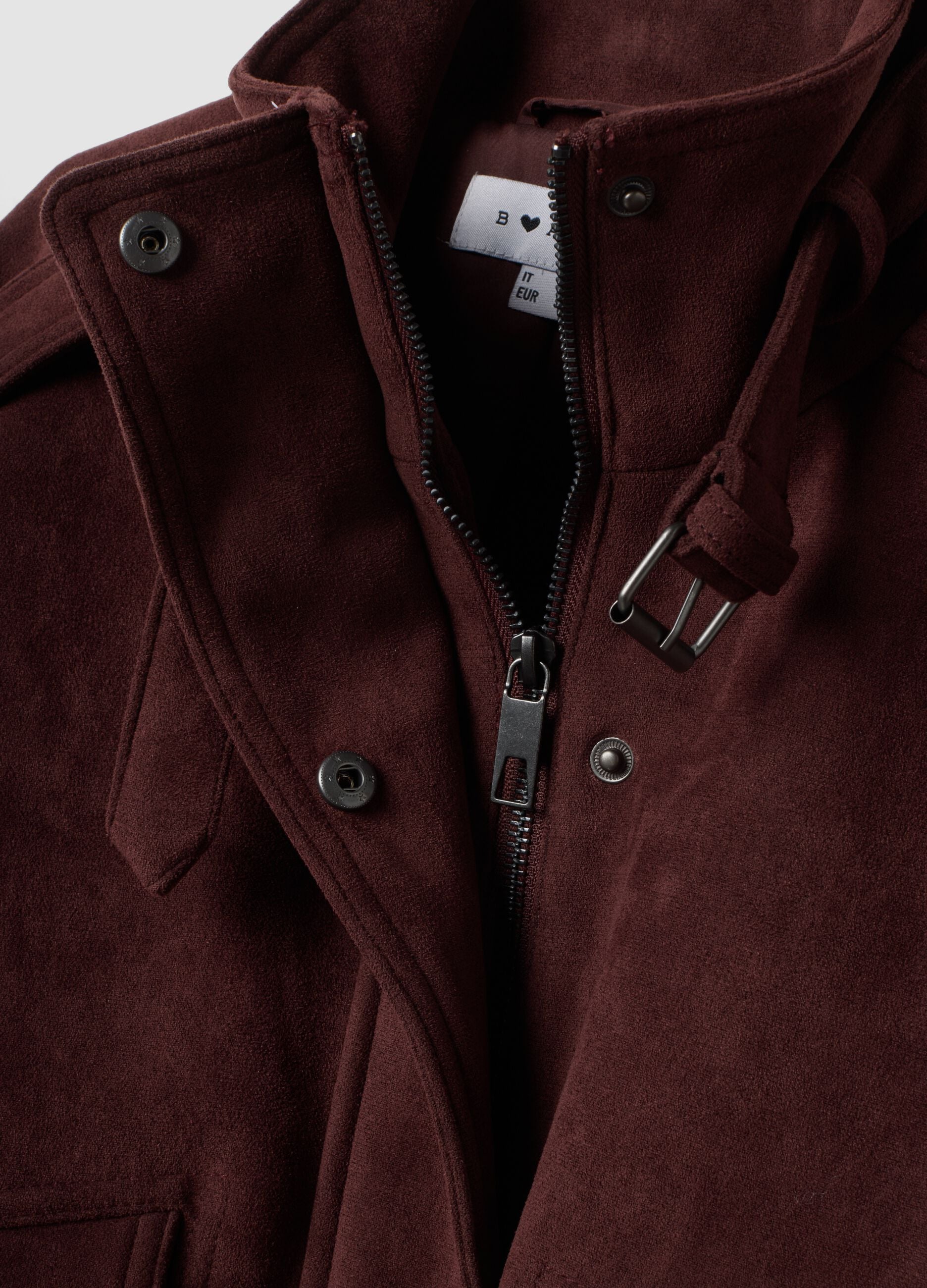 Red genuine leather jacket with high collar and adjustable strap, regular fit