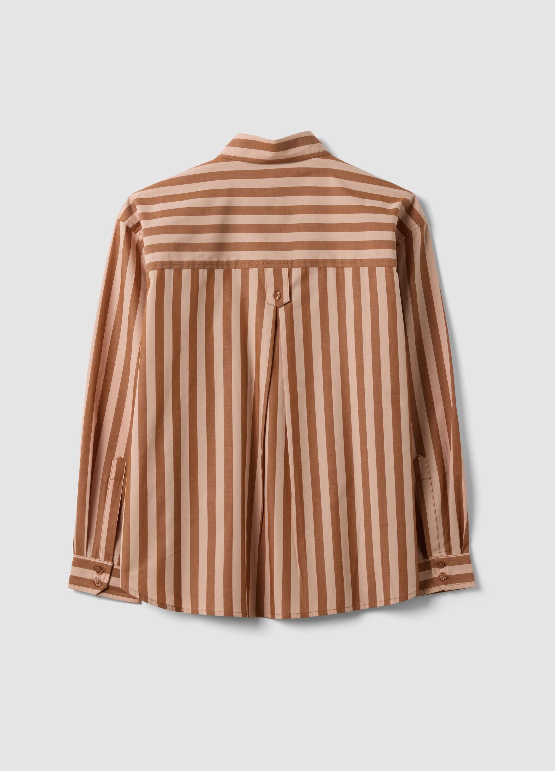 Camicia marrone a righe in popeline di puro cotone regular fit