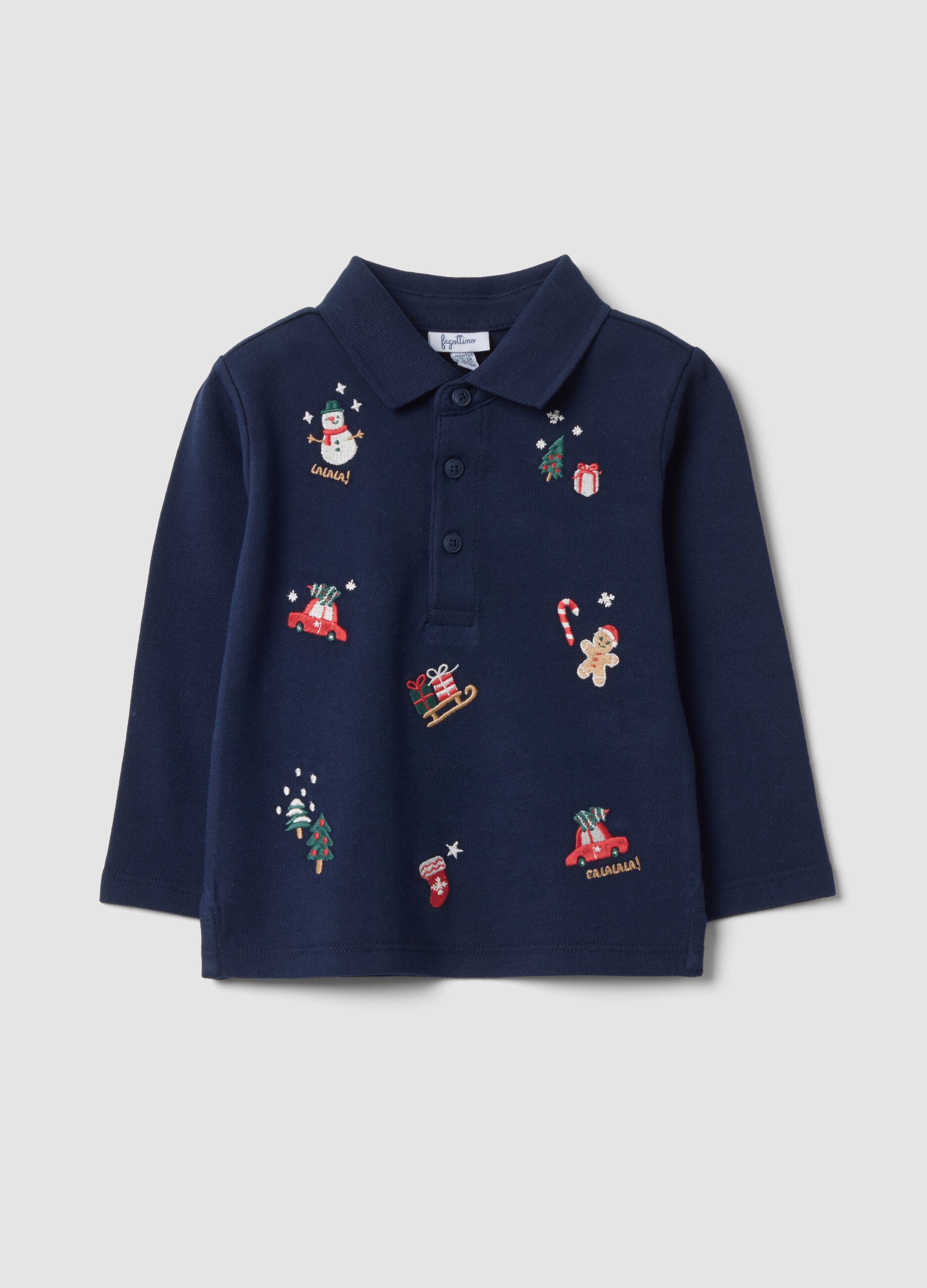 Navy pure cotton polo shirt with polo collar and Christmas embroidery