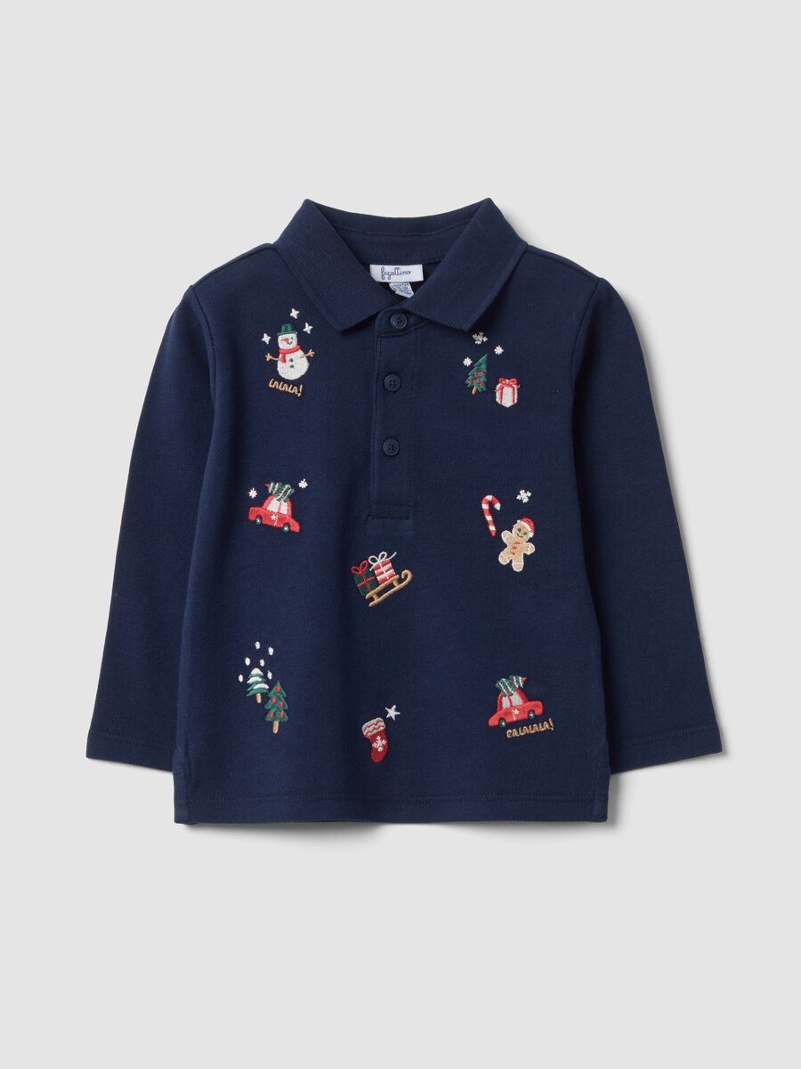Navyblaues Poloshirt aus reiner Baumwolle mit Polokragen und Weihnachtsstickerei_0