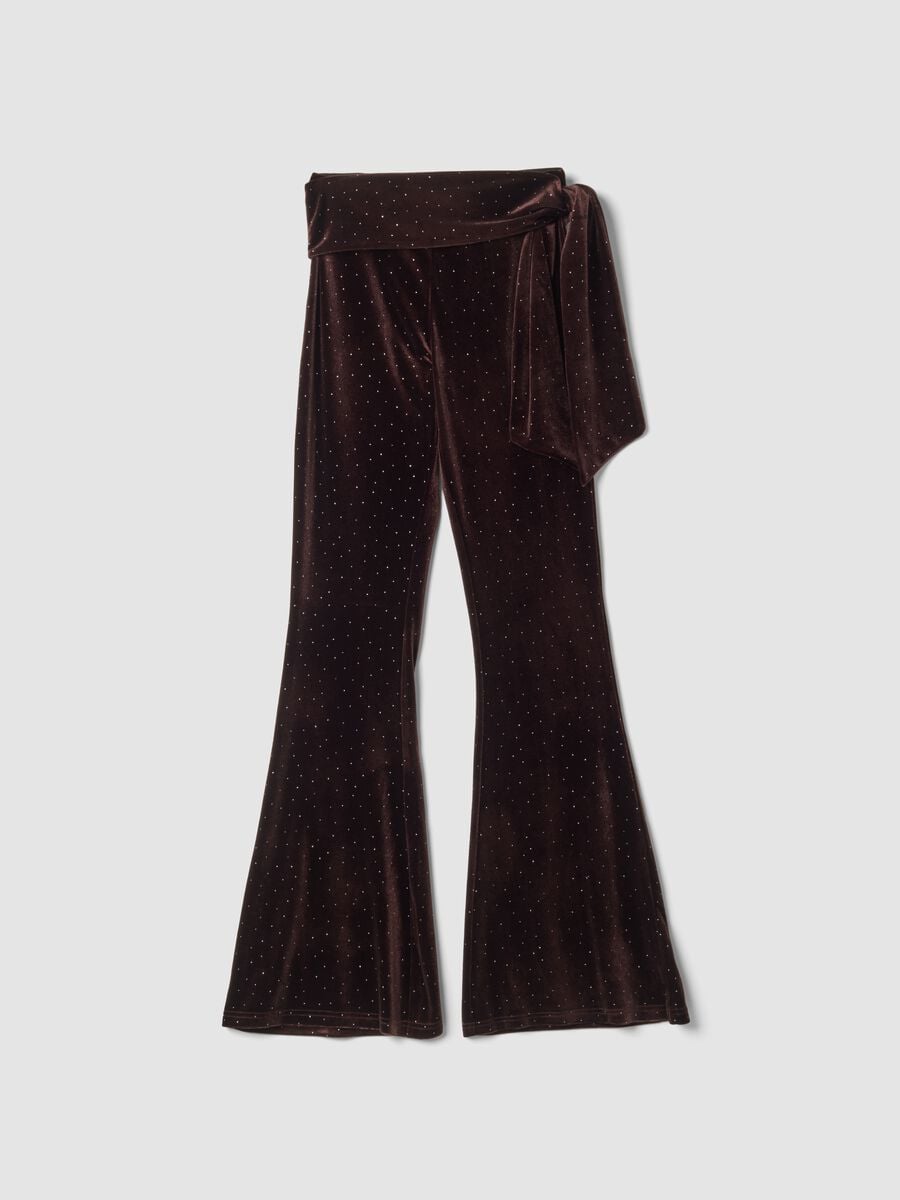 Brown stretch velour flared trousers with waist tie_0