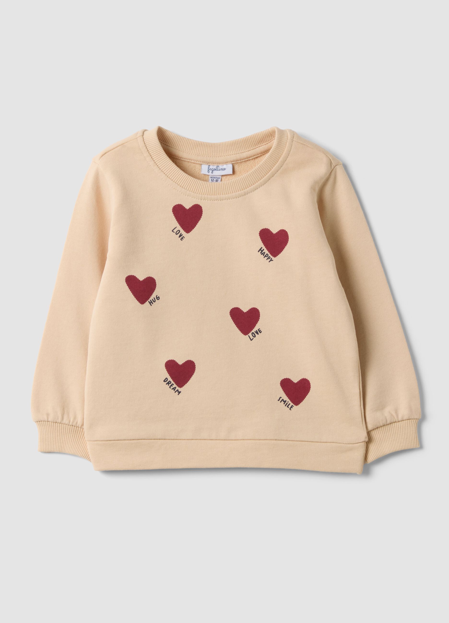 Felpa beige in puro cotone a girocollo e con stampa cuori per bimba