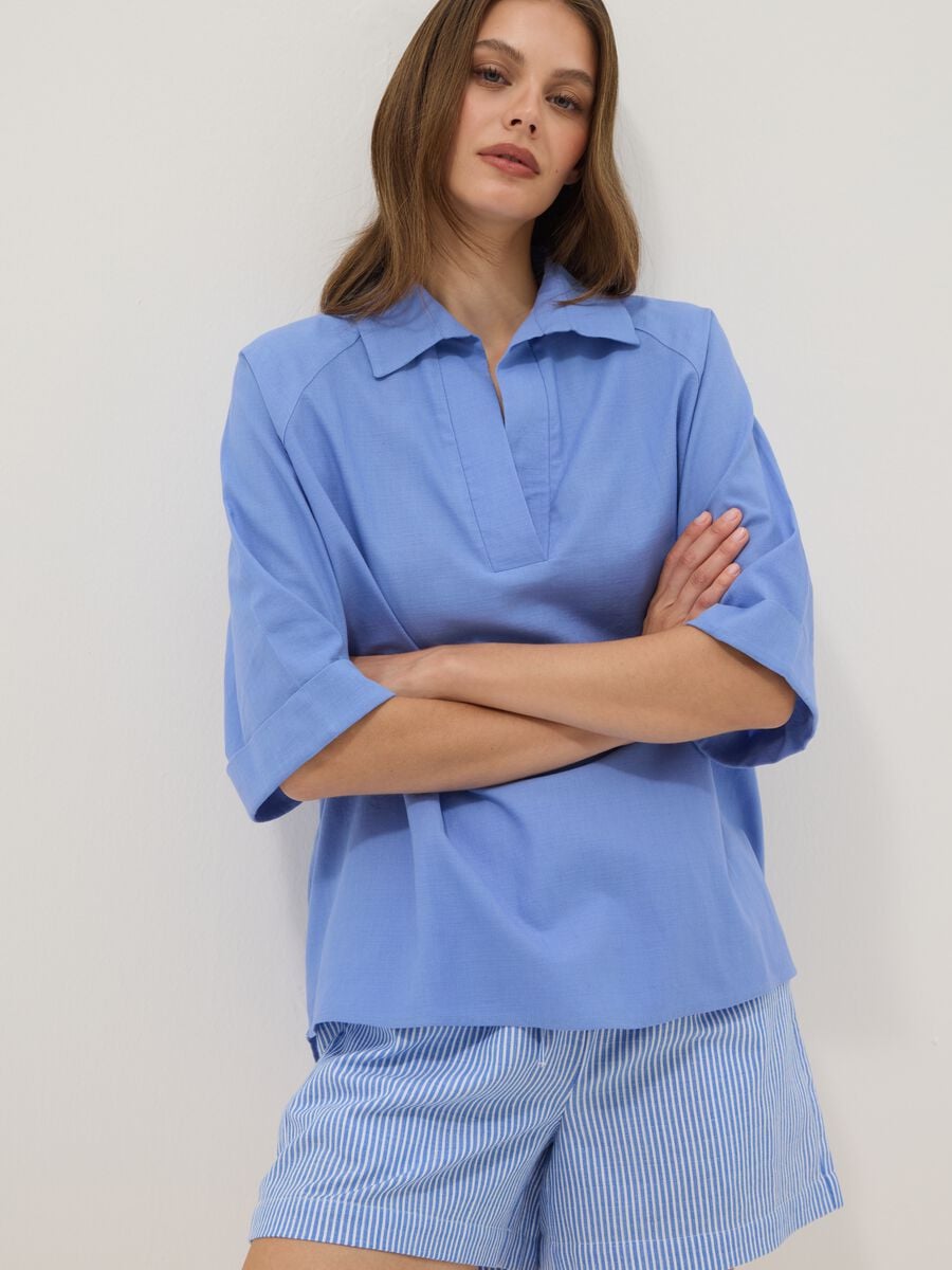 Light blue pure cotton V-neck top_0