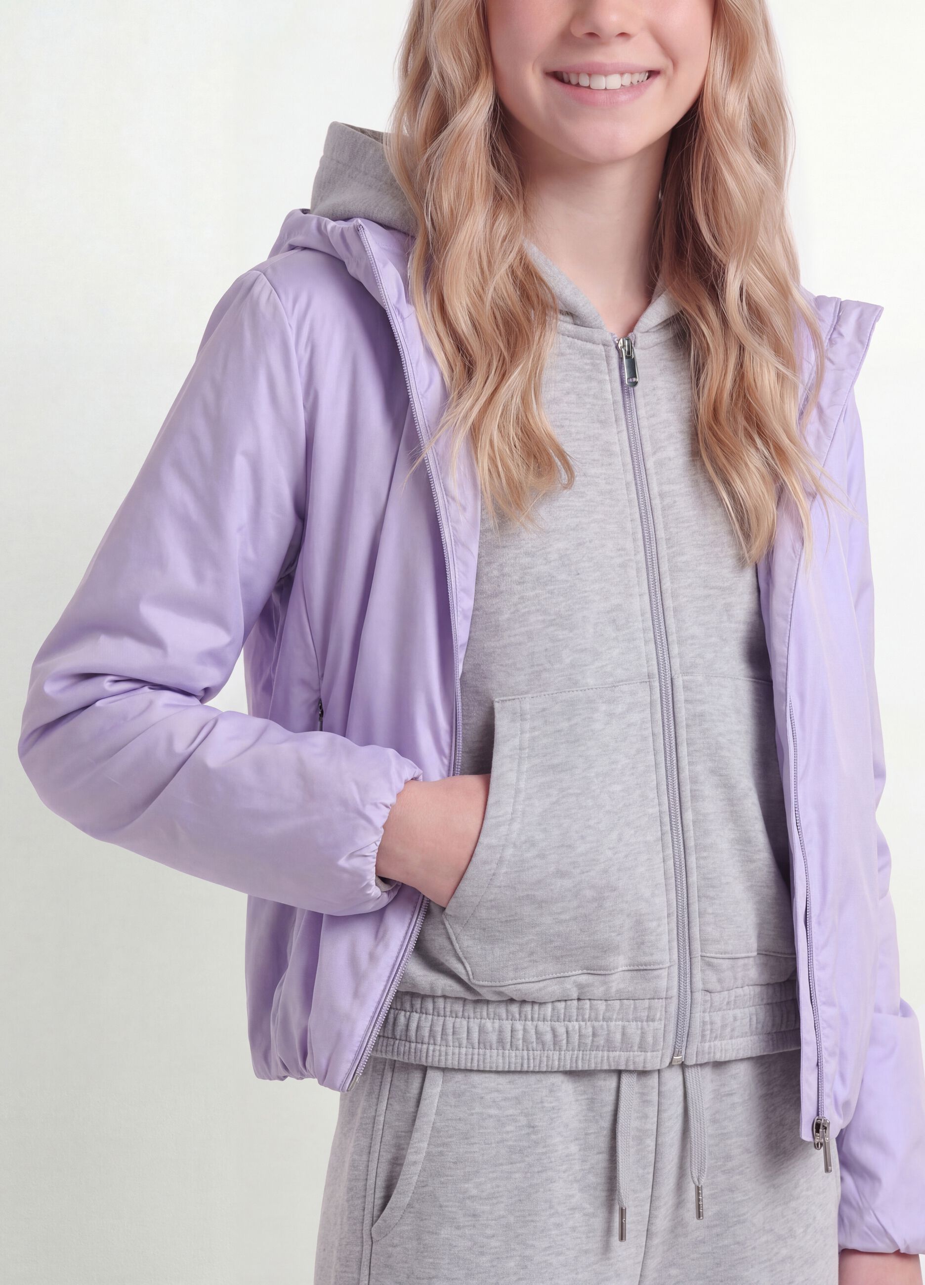 Purple hooded rain jacket with zip for girls