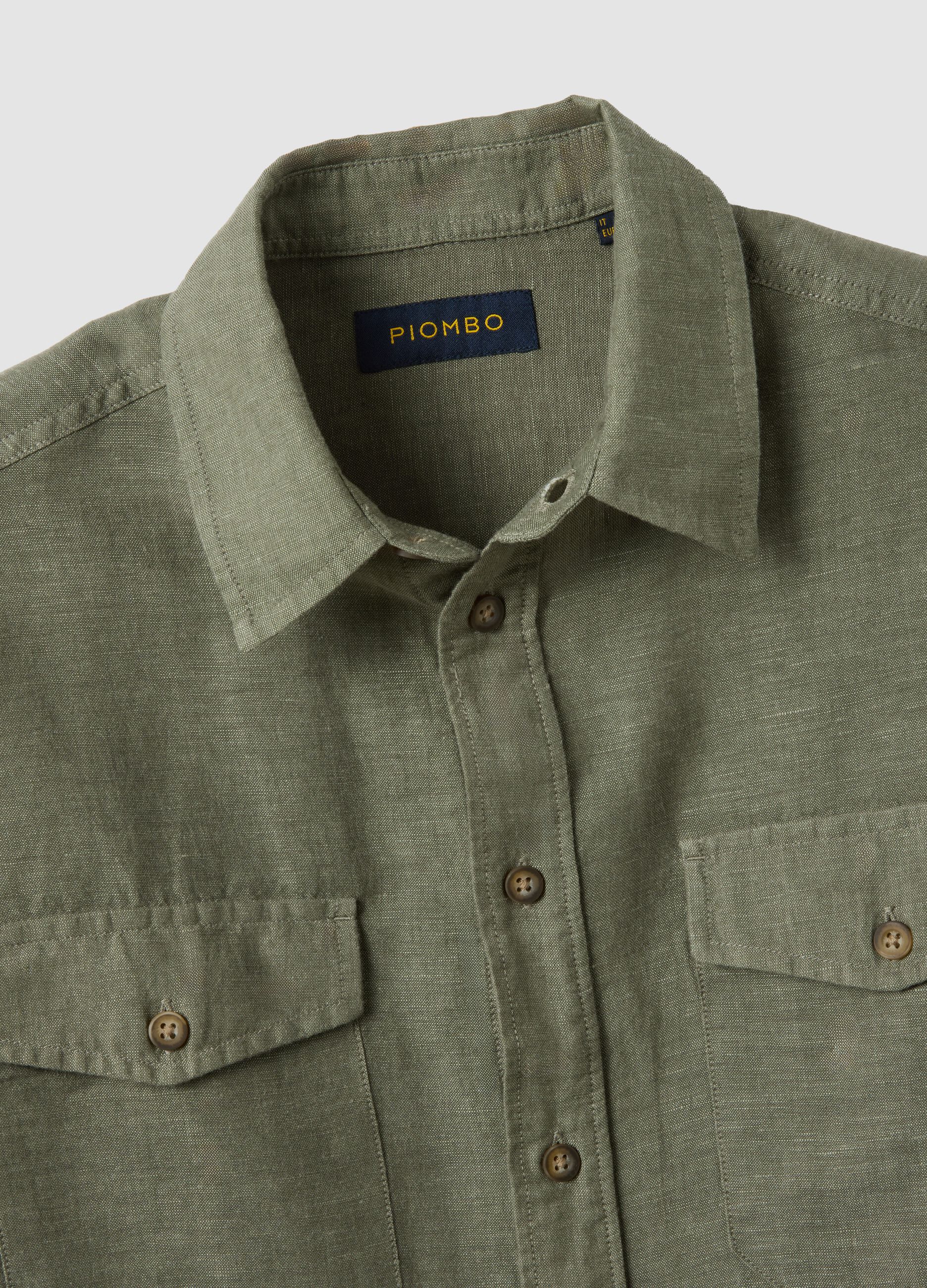 Regular fit green shirt in linen-cotton blend