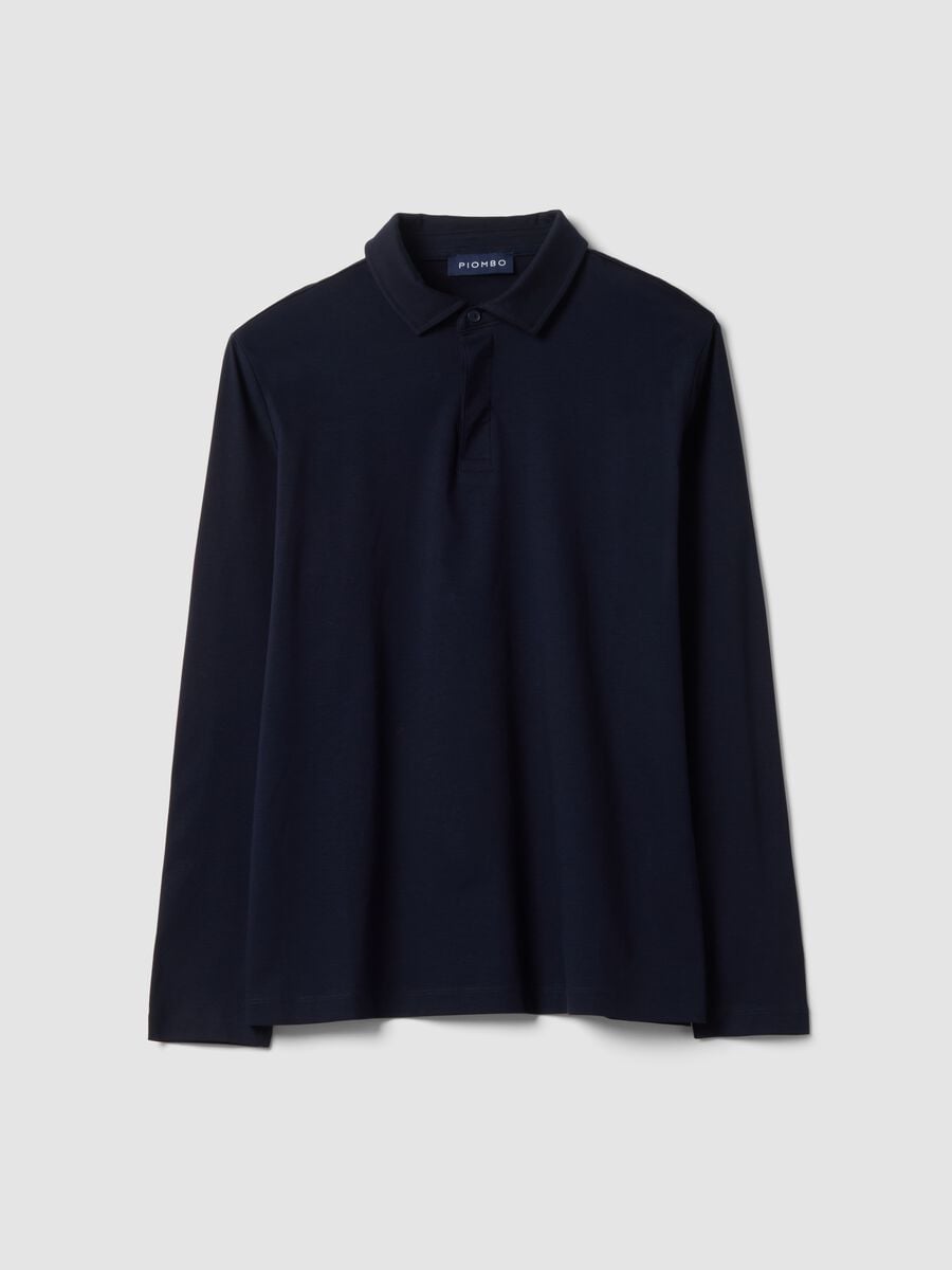 Blue long-sleeved pure cotton polo_0