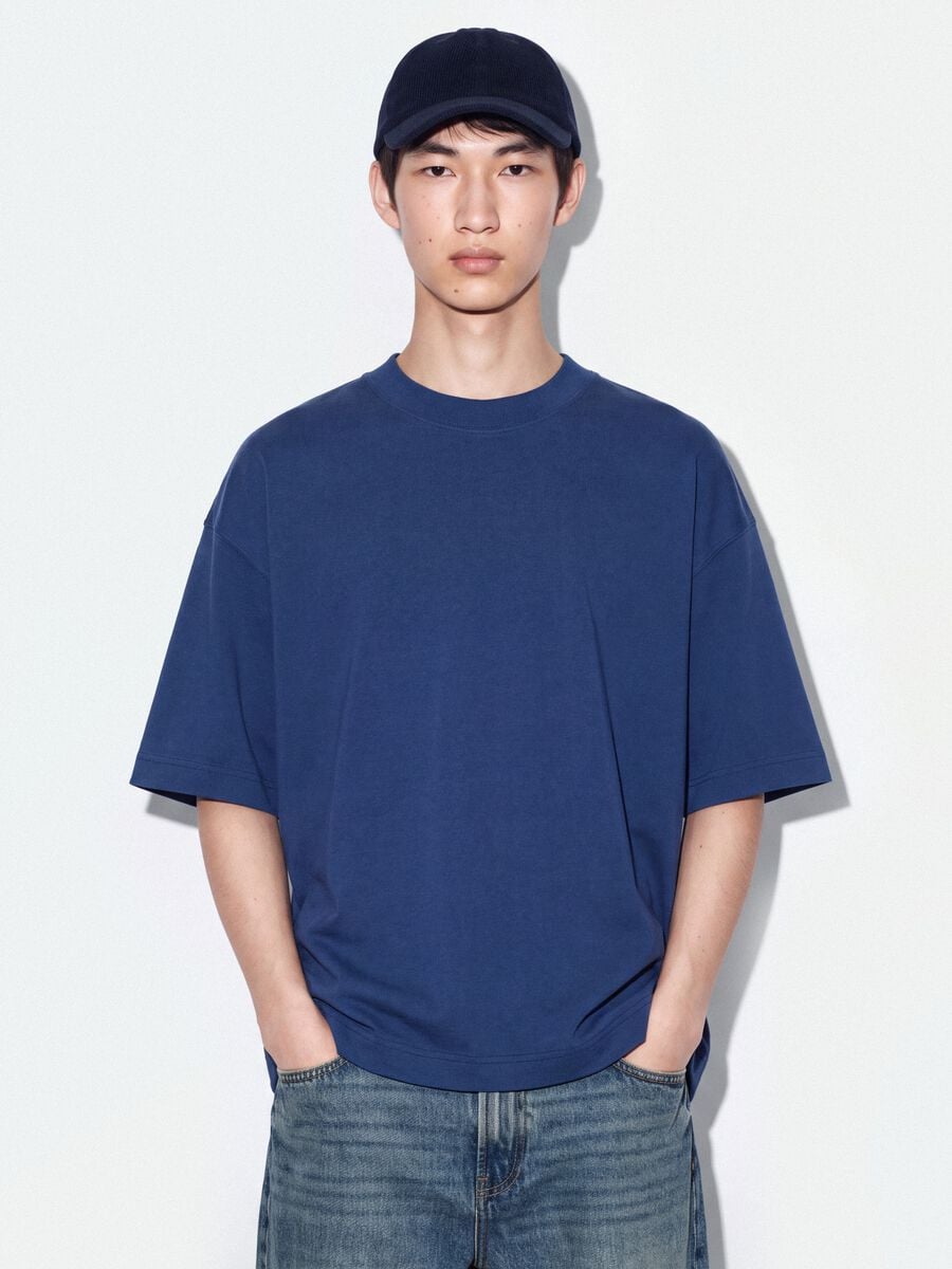 Blaues Rundhals-T-Shirt aus reiner Baumwolle, Boxy Fit_0