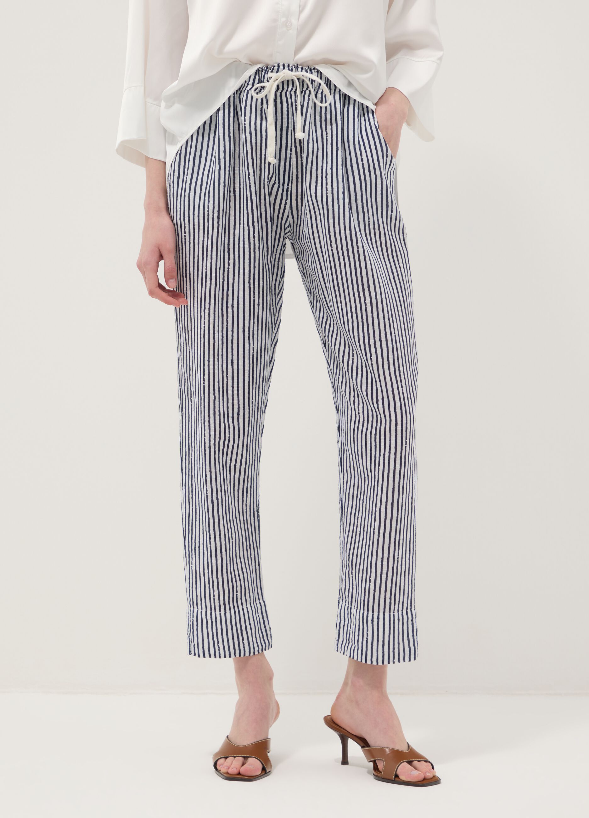 Blue striped pure cotton regular-fit trousers