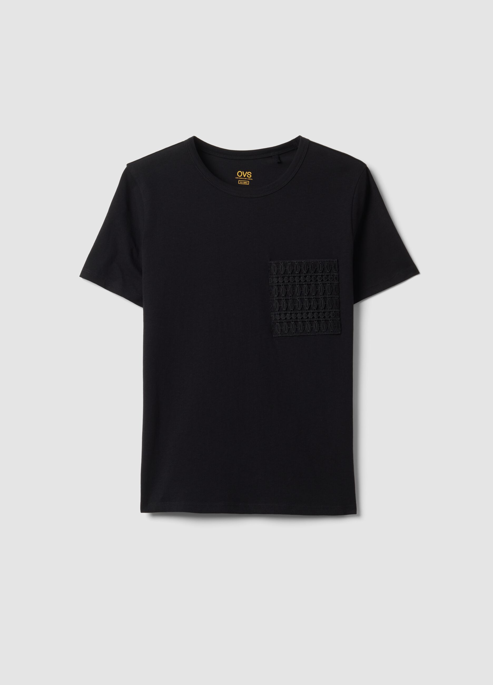 Schwarzes Regular-Fit-T-Shirt aus reiner Baumwolle mit bestickter Brusttasche