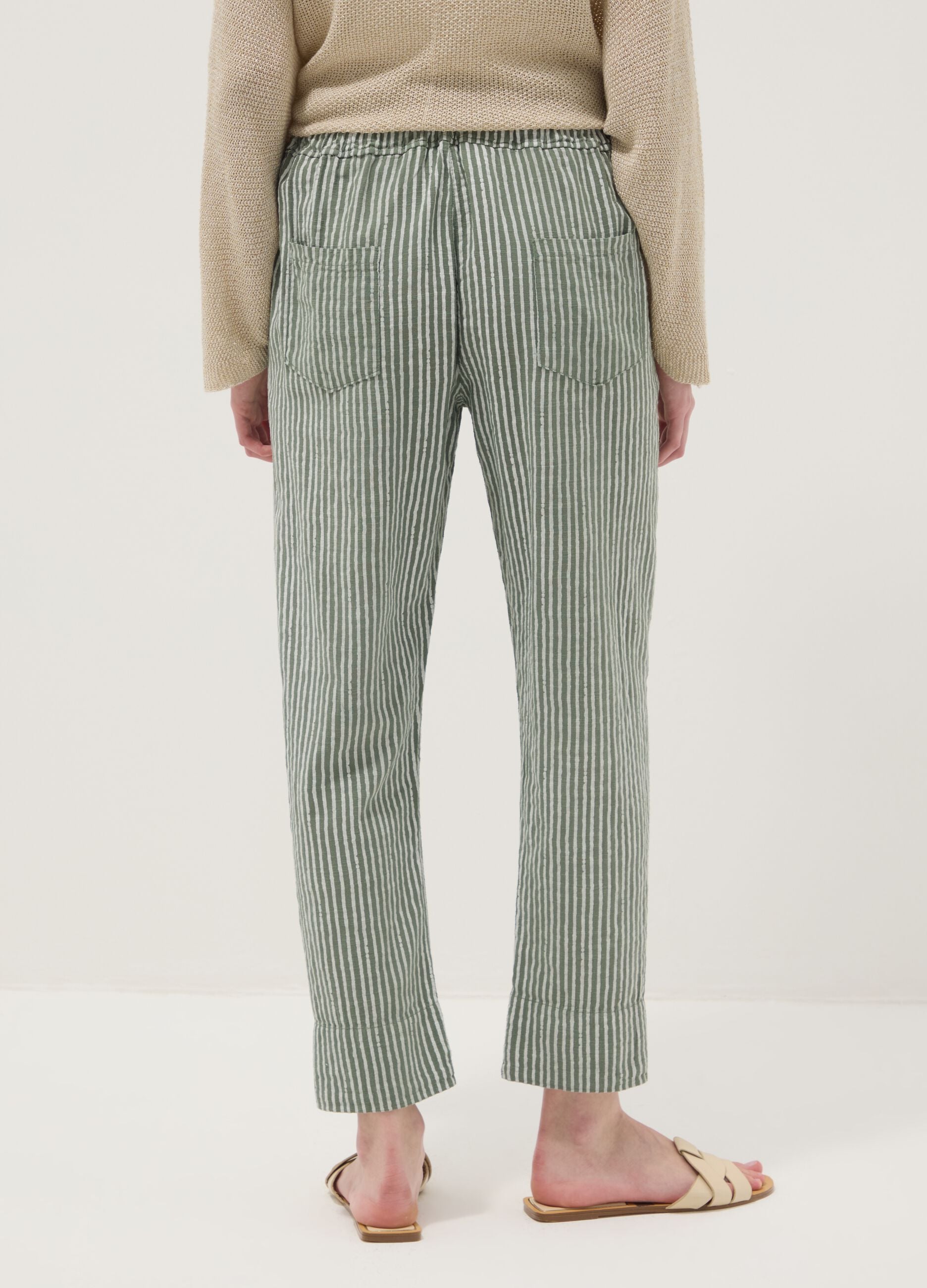 Green pure cotton striped regular-fit trousers